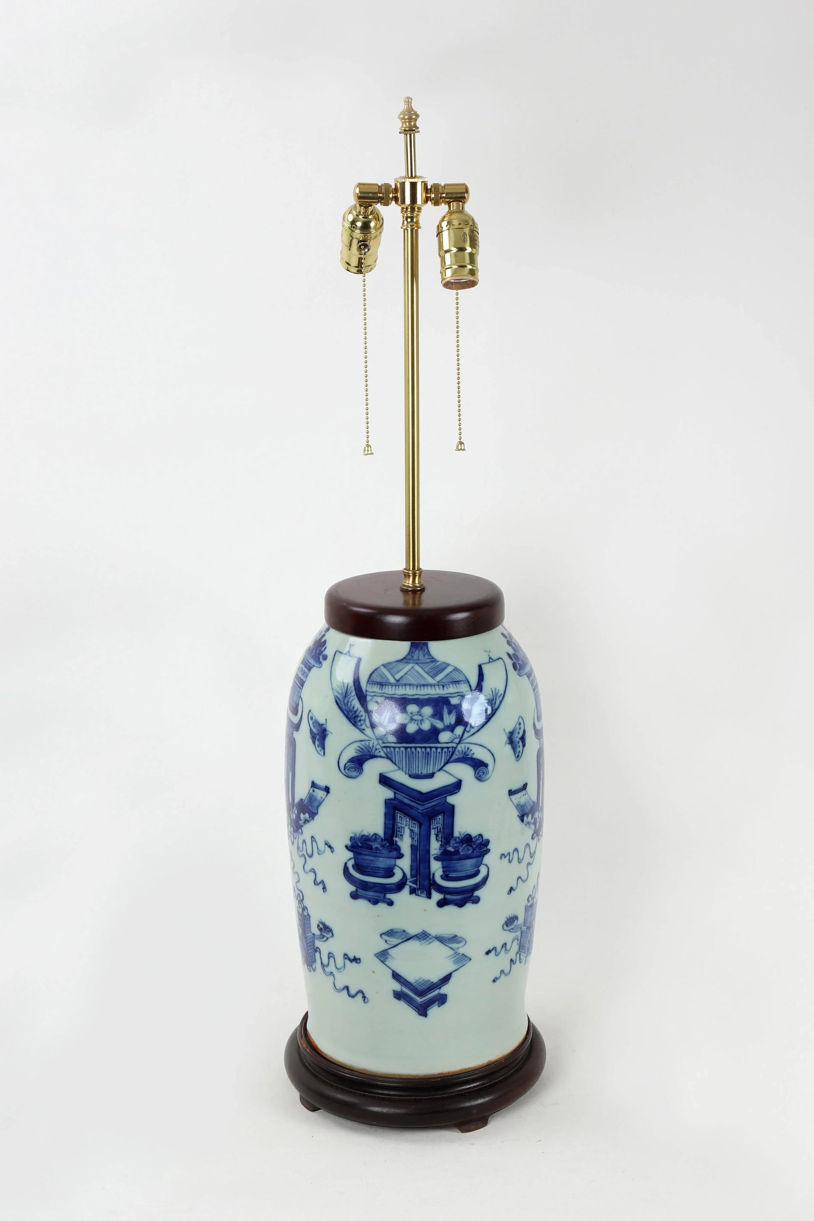 Vintage 19 Century Double Bulb Pull Switch Blue and White Celadon Porcelain Lamp Study Room Designti - 2
