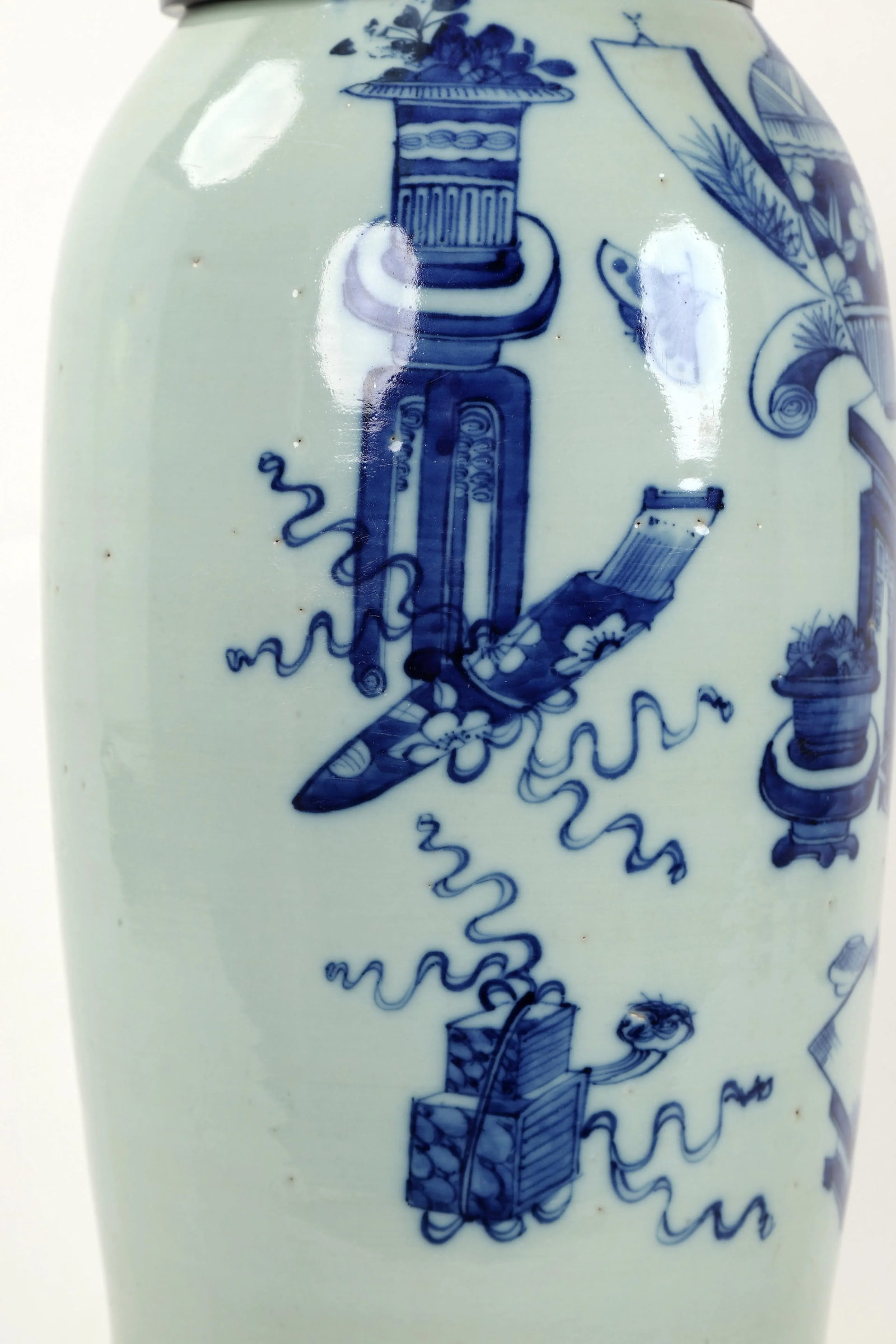 Vintage 19 Century Double Bulb Pull Switch Blue and White Celadon Porcelain Lamp Study Room Designti - 5