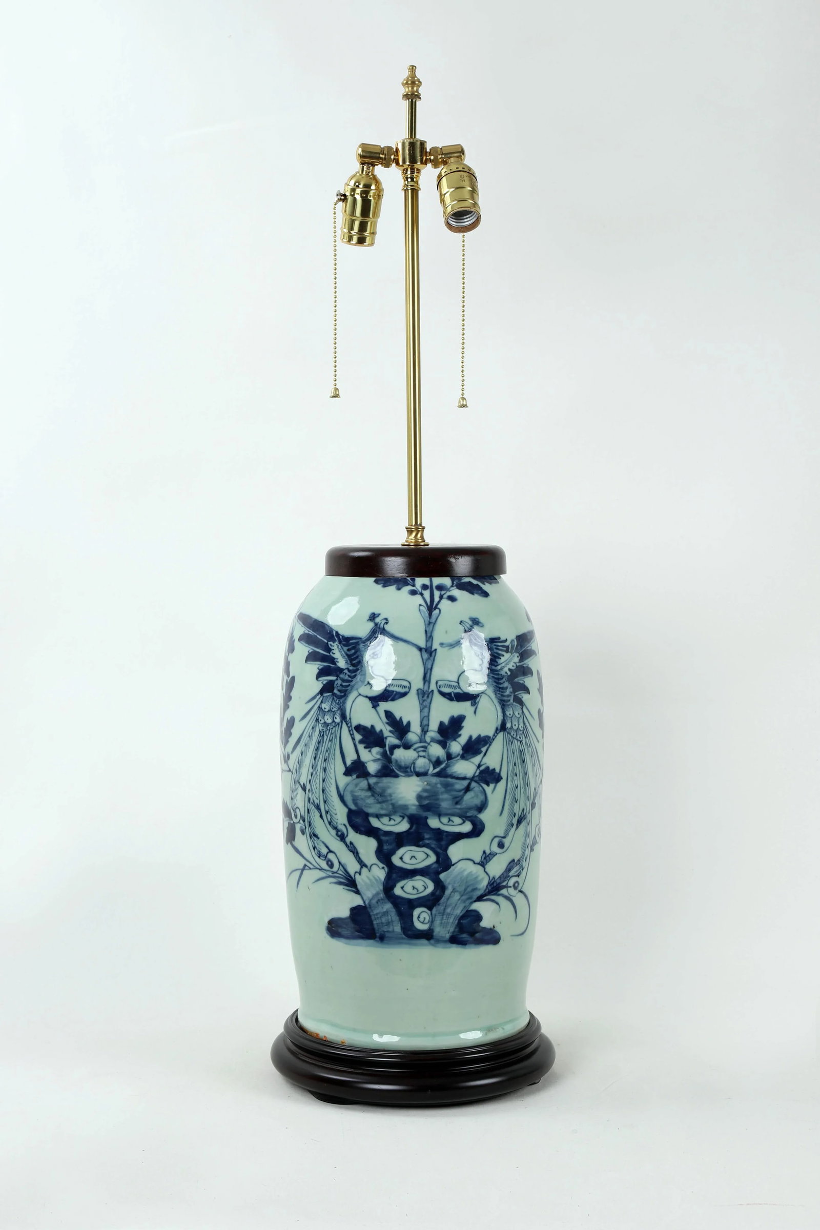 19 Century Double Bulb Pull Chain Celadon Blue and White Bird Motif Porcelain Lamp - 8