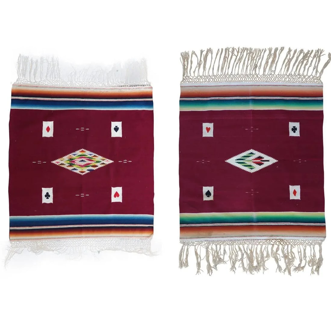 1920s Serapi Card Table Weavings - A Pair: A finely woven pair of unusual card table weavings. Circa 1920. A beautiful boho set that will add to your tabletop! Condition: Alterations: Original Condition Unaltered Imperfections: Some