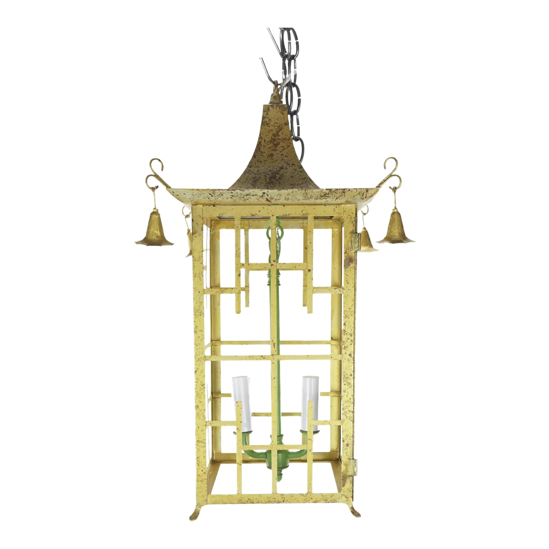 English Regency-Style Gilded Tower Double Light Chandelier: English Regency-style gilded tower double light chandelier.English Regency style (20th century) gilded pagoda-shaped lantern with classic lattice design panels and green pole accents. There is a 12"