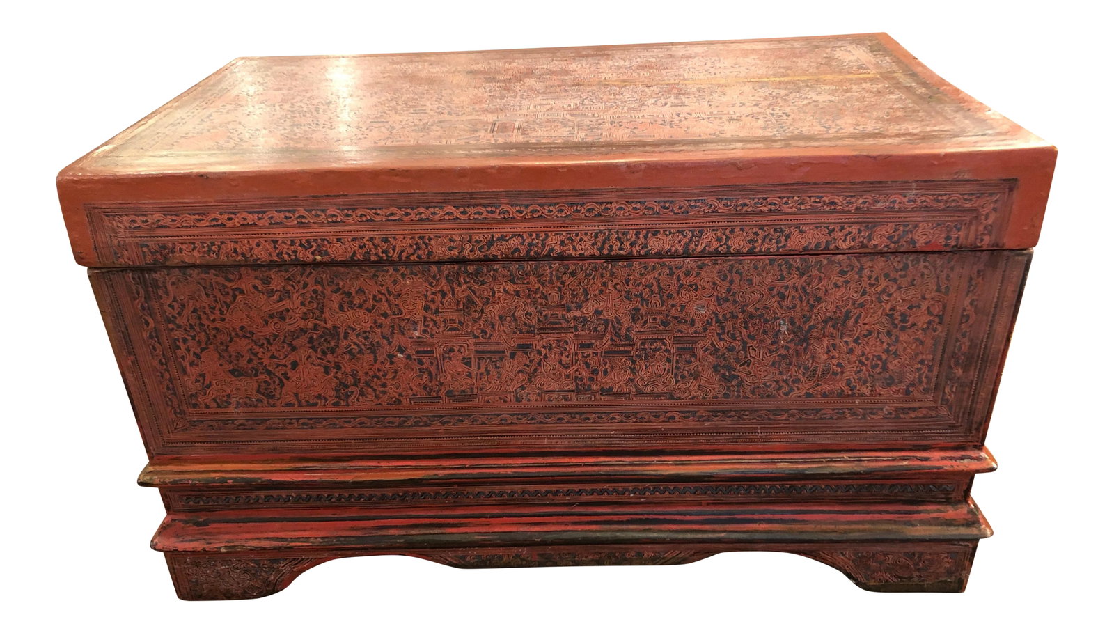 19th Century Chinese Box in Faded Cinnabar: If objects could talk, this box would have some interesting stories for all its wonderful aged patina, cracks and character. A faded cinnabar, the entire surface is meticulously hand painted, and