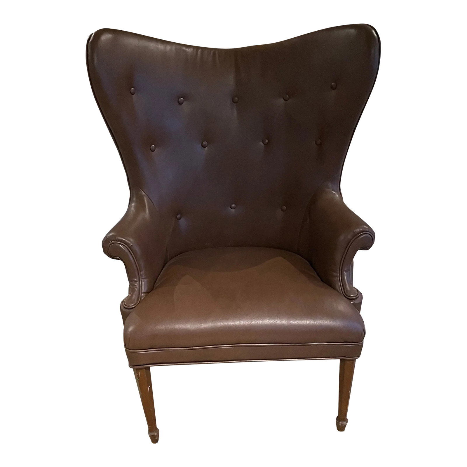 Mid Century Style Walnut Chair: Large and comfortable Mid Century Walnut Chair in the manner of Frits Henningsen 1950s. recently reupholstered in Faux Brown leather. Henningsen's more functional design style developed from