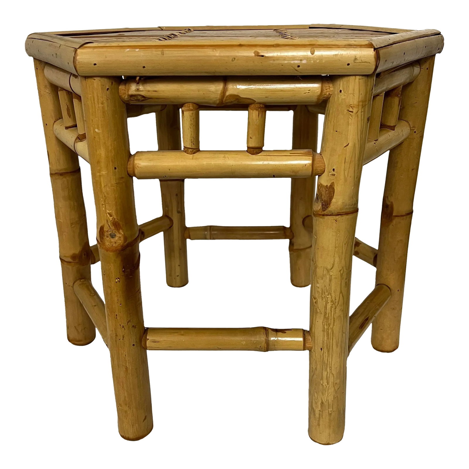 Vintage Old Florida Style Bamboo Drinks Table: Vintage bamboo drinks / side table in light stain. Measures 17" w x 17" d x 14.75 h. Great for covered outdoor spaces or beside your favorite easy chair. Sturdy with nice weight. Condition: