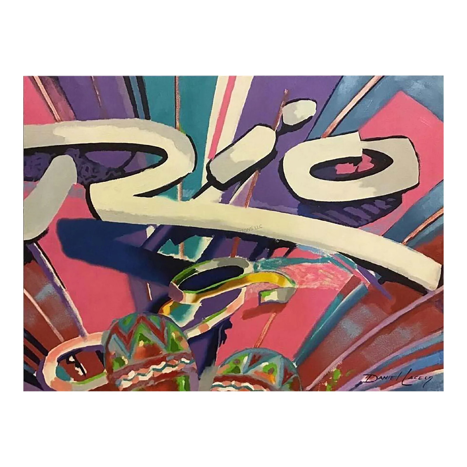 Signed Daniel Lacey "˜Rio' Oil Painting on Canvas: Signed Daniel Lacey "˜Rio' Oil Painting On Canvas Great whimsical piece to add a pop of color to any room Condition: Alterations: Original Condition Unaltered Imperfections: Some Imperfections Co