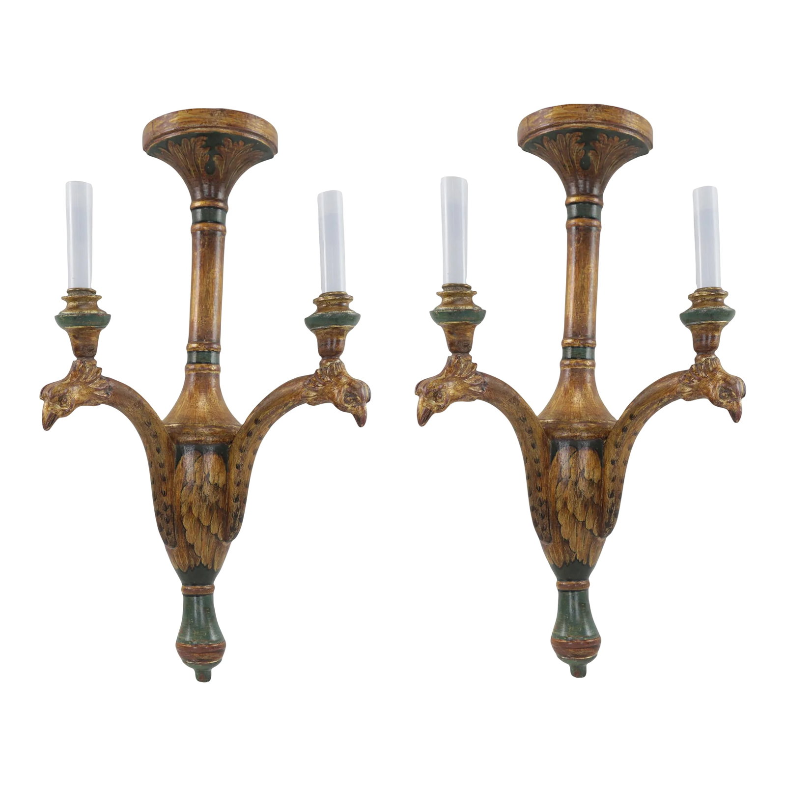 Pair of 19th-Century Rococo-Style Wood Carving Wall Lamps.: Pair of 19th-century Rococo-style wood carving wall lamps. The back panel is a bird with gorgeous gilded feathers on the body. The two bird heads are divided to the left and right to serve as light