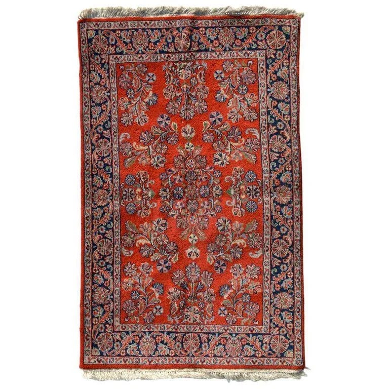 1950s Handmade Vintage Tapestry Hand Knotted Red Green & Blue Textile Art - 8