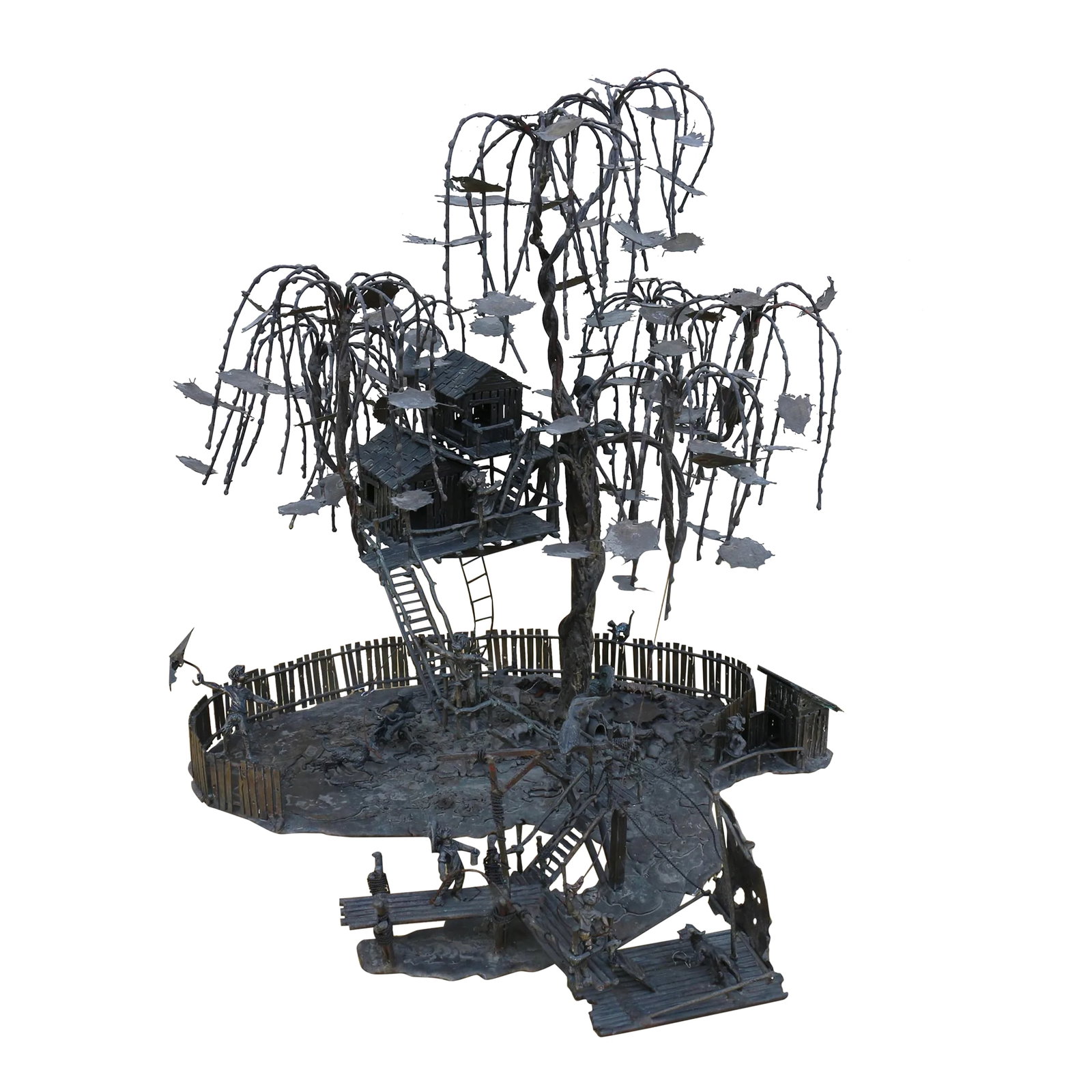 Vintage Bronze Sculpture Curtis Jere Style: Wonderful handmade sculpture made of bronze. In the style of Curtis Jere. This amazing piece definitely has a lot of work. It is a tree that has a house on it. It has nine kids playing around, one bir