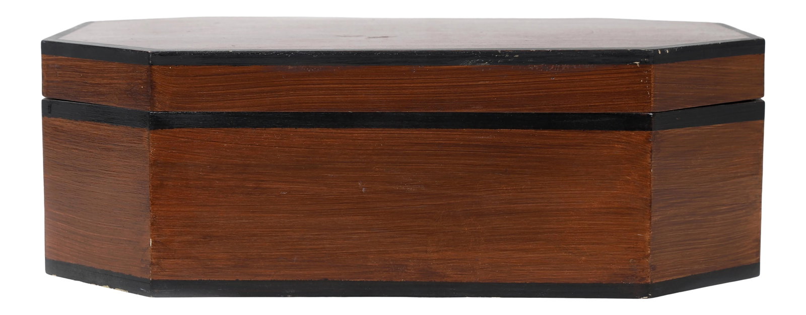20th Century Traditional Oblong Octagonal Wooden Box With Lid: This octogonal wooden box is oblong, with a lid. Appropriate for jewelry or keepsakes. Condition: Alterations: Original Condition Unaltered Imperfections: Some Imperfections Condition Notes: In good