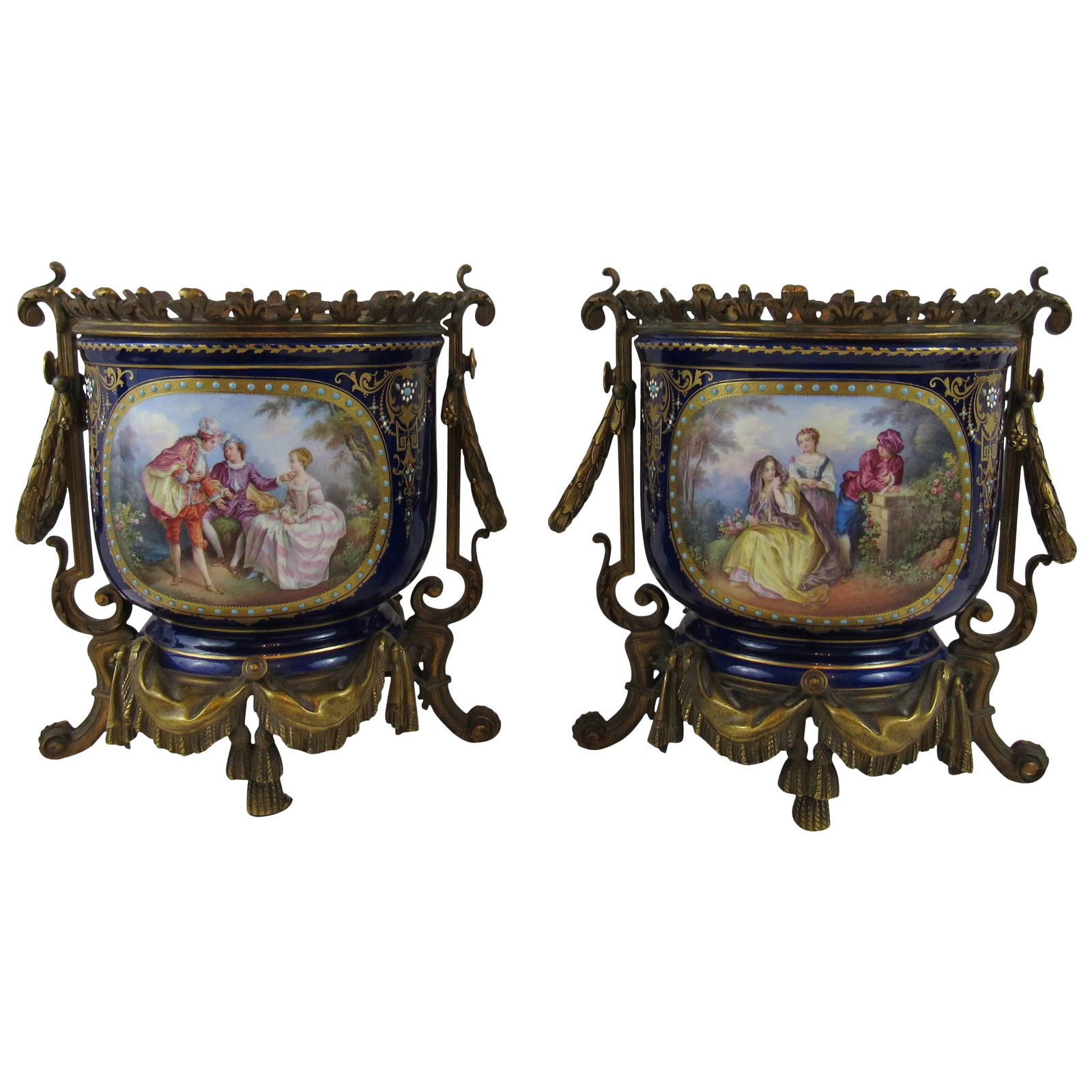 Enamel on Copper Jardinières in Bronze Doré, European 19th Century - a Pair: Pair of wonderful European jardinieÌ€res. French enamel over copper. Bronze doré ormolu with swags and tassels, garlands of flowers, leaf and berry handles, and a pierced border