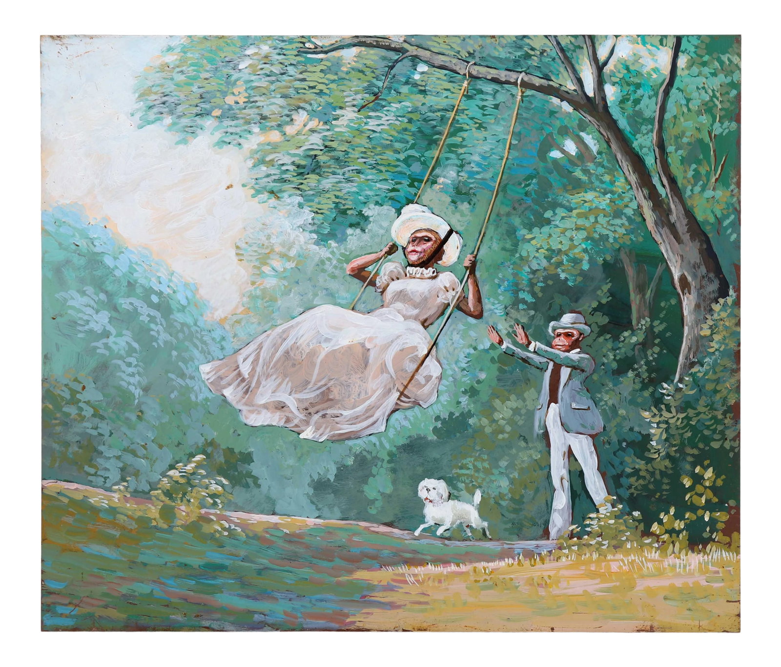 1960s Vintage Singerie Styled Monkeys Swinging in Forest Painting: This painting depicts two regally dressed monkeys in the woods, one pushing the other on a swing with a white dog chasing underneath. An homage to Fragonard's work, or maybe a parody. Either are fun
