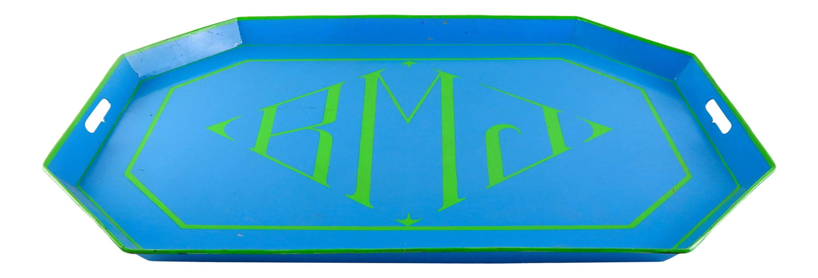1970s Contemporary "Rmj" Green and Blue Octagonal Tole Tray: This octagonal tole tray is painted blue with lettering painted in green. A contemporary style. Condition: Imperfections: Some Imperfections Condition Notes: Good with minor imperfections. Materials