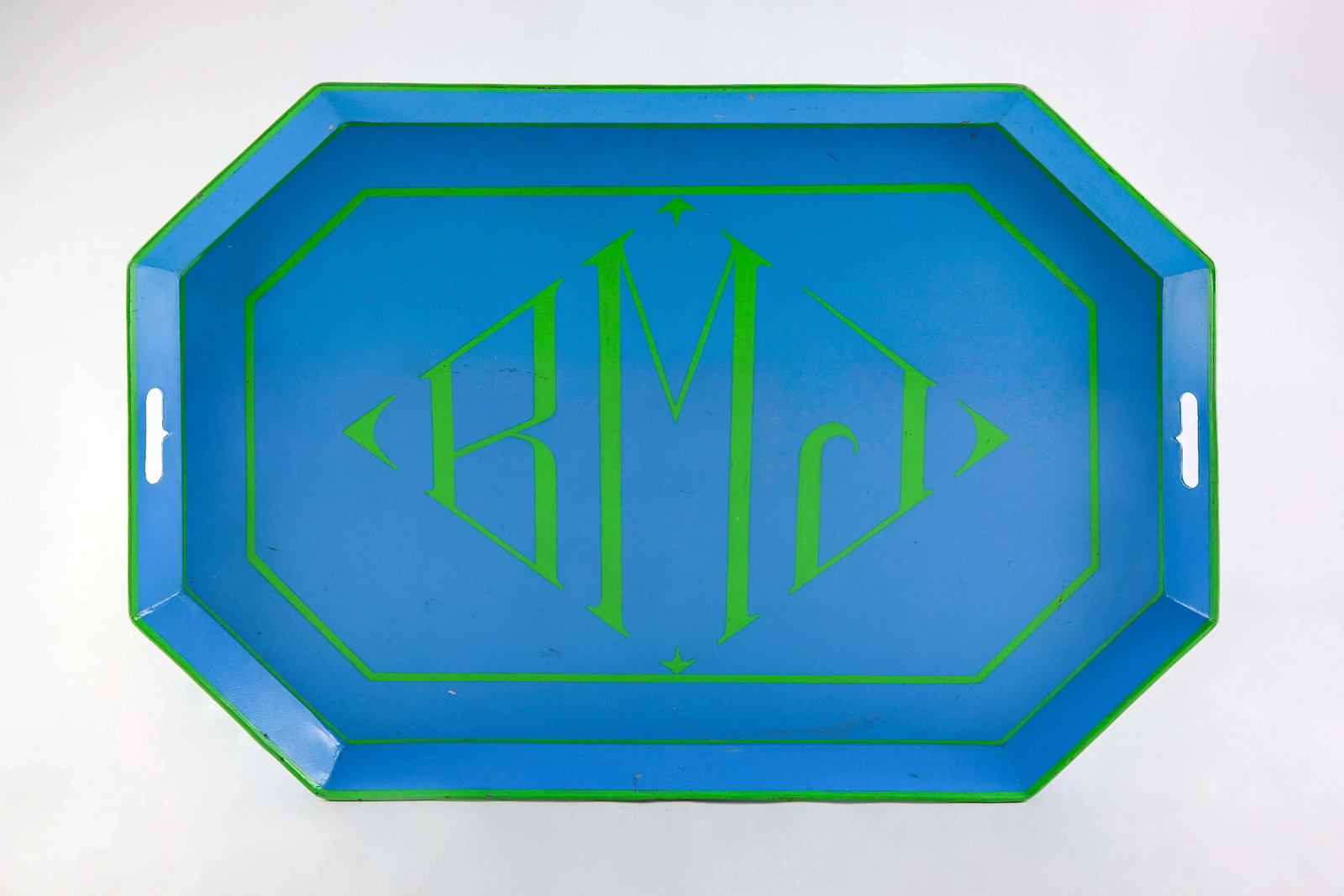 1970s Contemporary "Rmj" Green and Blue Octagonal Tole Tray - 3