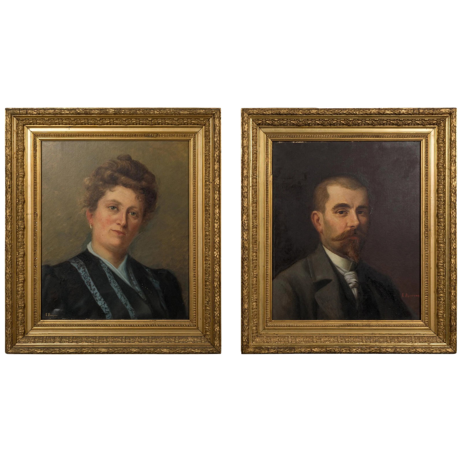 19th Century French Portraits - a Pair: A pair of 19th Century French portraits depicting a bourgeois husband and wife. Signed E. Bourgeois. From the town or Autun in Burgundy. Oil on canvas. Some restoration of canvas. Original gilt frames