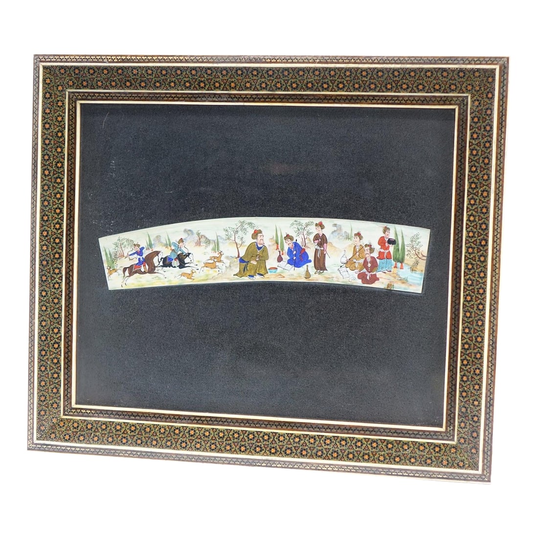 Persian Khatam Frame Inlaid With Artwork Paint on Faux Ivory Signed Original: Persian Khatam Frame Inlaid with Artwork - Paint on Faux Ivory, Signed Original - 14" x 12" This exquisite Persian artwork is a harmonious blend of traditional craftsmanship and fine artistry. The