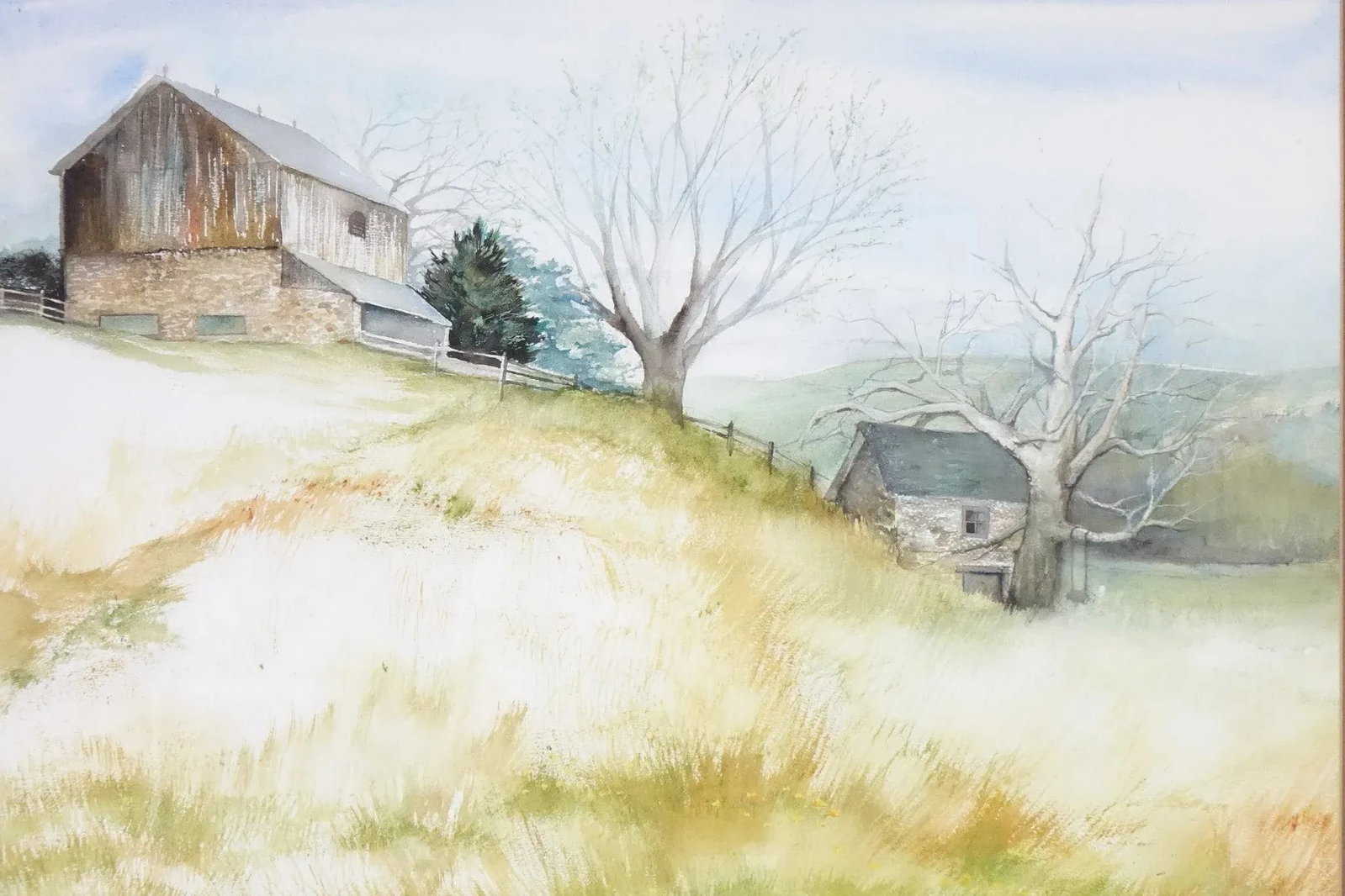 1960s Landscape of a Farm Original Watercolor on Paper Signed Clarissa Johnson, Framed - 2