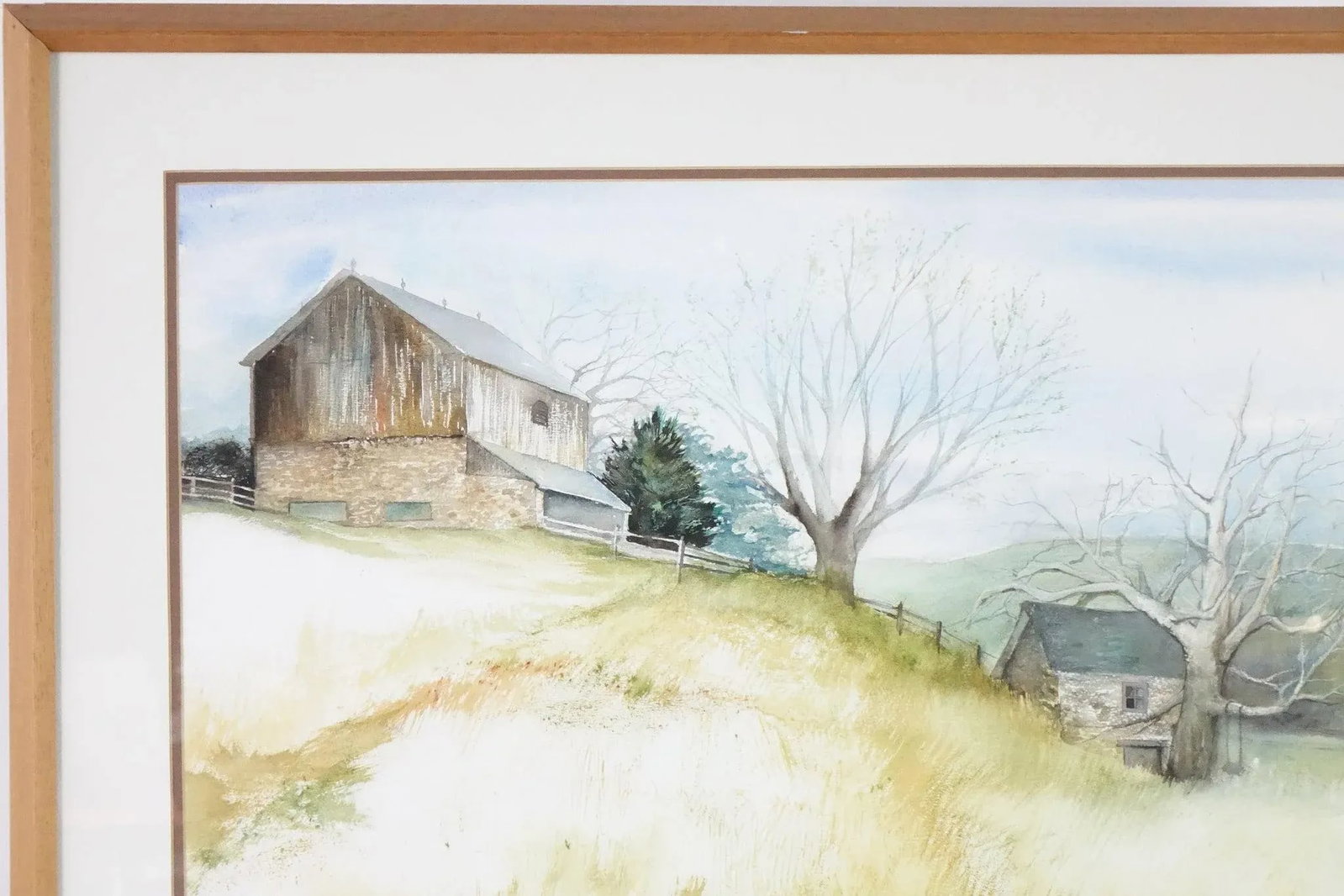 1960s Landscape of a Farm Original Watercolor on Paper Signed Clarissa Johnson, Framed - 3