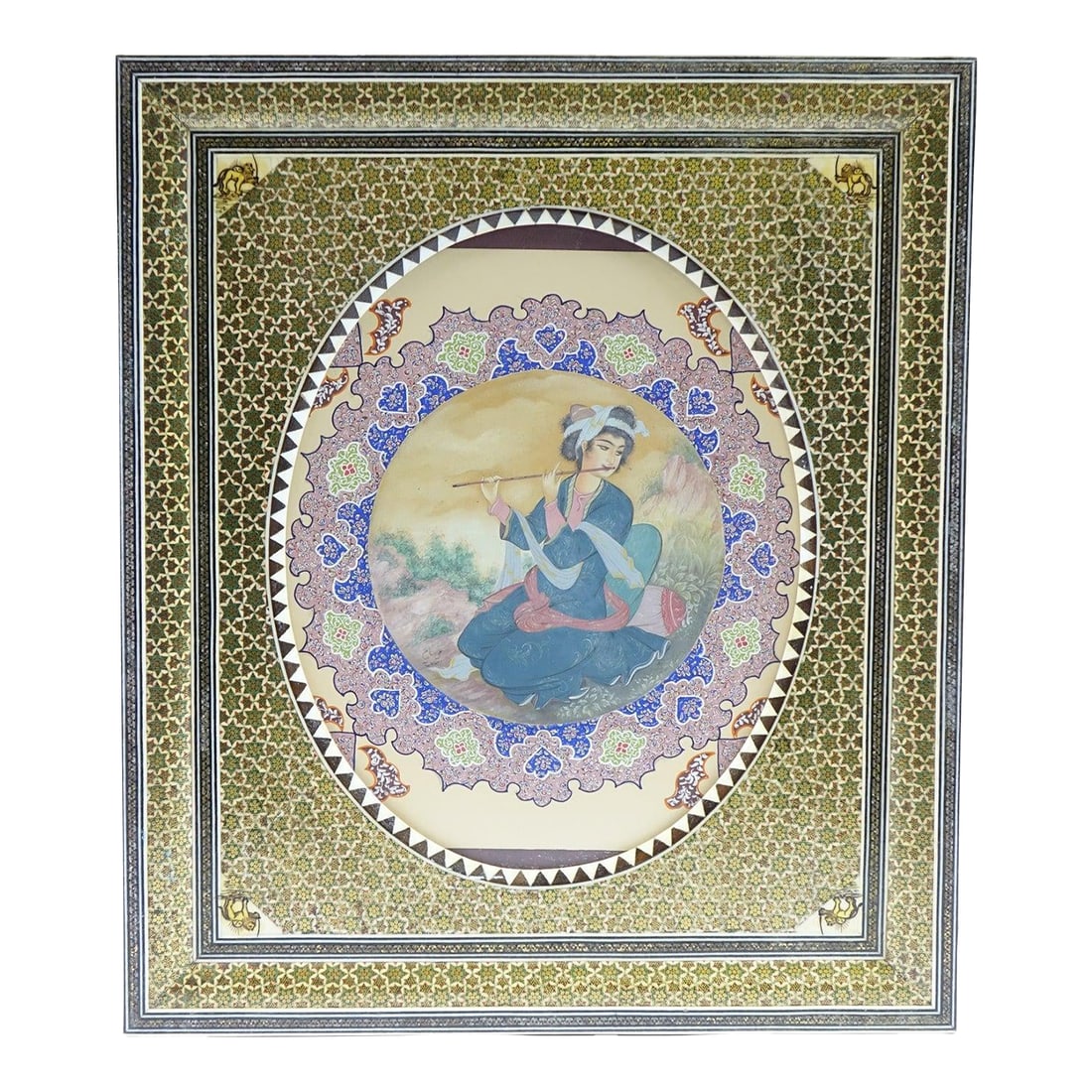 Persian Khatam Inlaid Artwork Faux Ivory – Original, Signed: This exquisite Persian Khatam inlaid piece features delicate artwork painted on faux ivory, depicting a women playing the flute in an intricate and elegant composition. Rendered in soft pastel tones