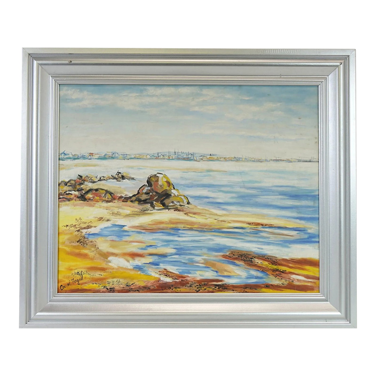 Mid 20th Century Seascape, Large Original Oil on Canvas, Signed by Carol Fogel: This beautiful original oil painting on canvas by Carol Fogel captures a serene seascape at the shore. Yellow sands stretch out as the gentle waves creep up to meet them, with rocks adding texture to