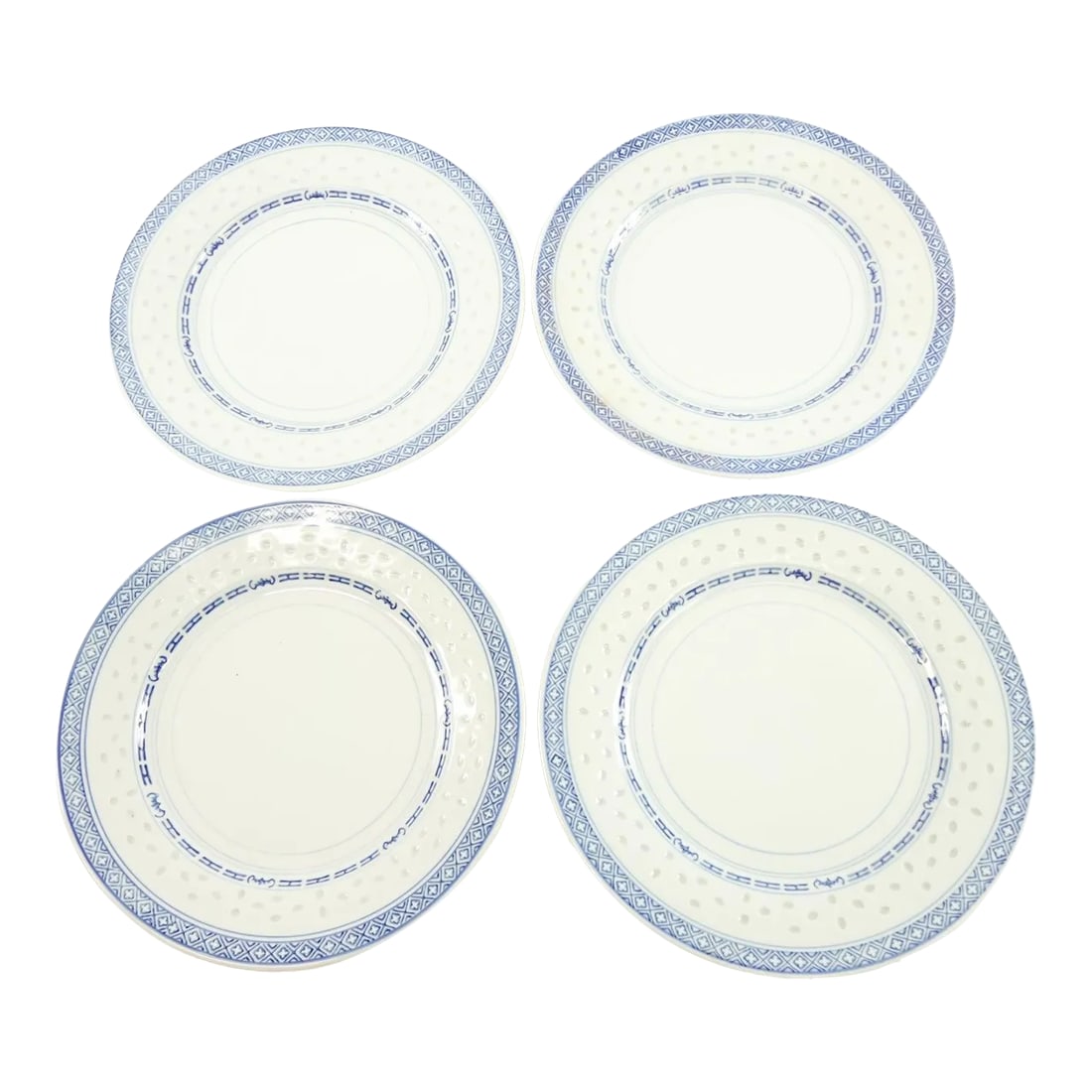 Vintage Chinese Blue and White Porcelain Plates Marking on the Bottom - Set of 4: Vintage Chinese Blue and White Porcelain Plates with Marking on the Bottom - Set of 4 (10" x 10" x 4") This exquisite set of four vintage Chinese blue and white porcelain plates showcases timeless ele