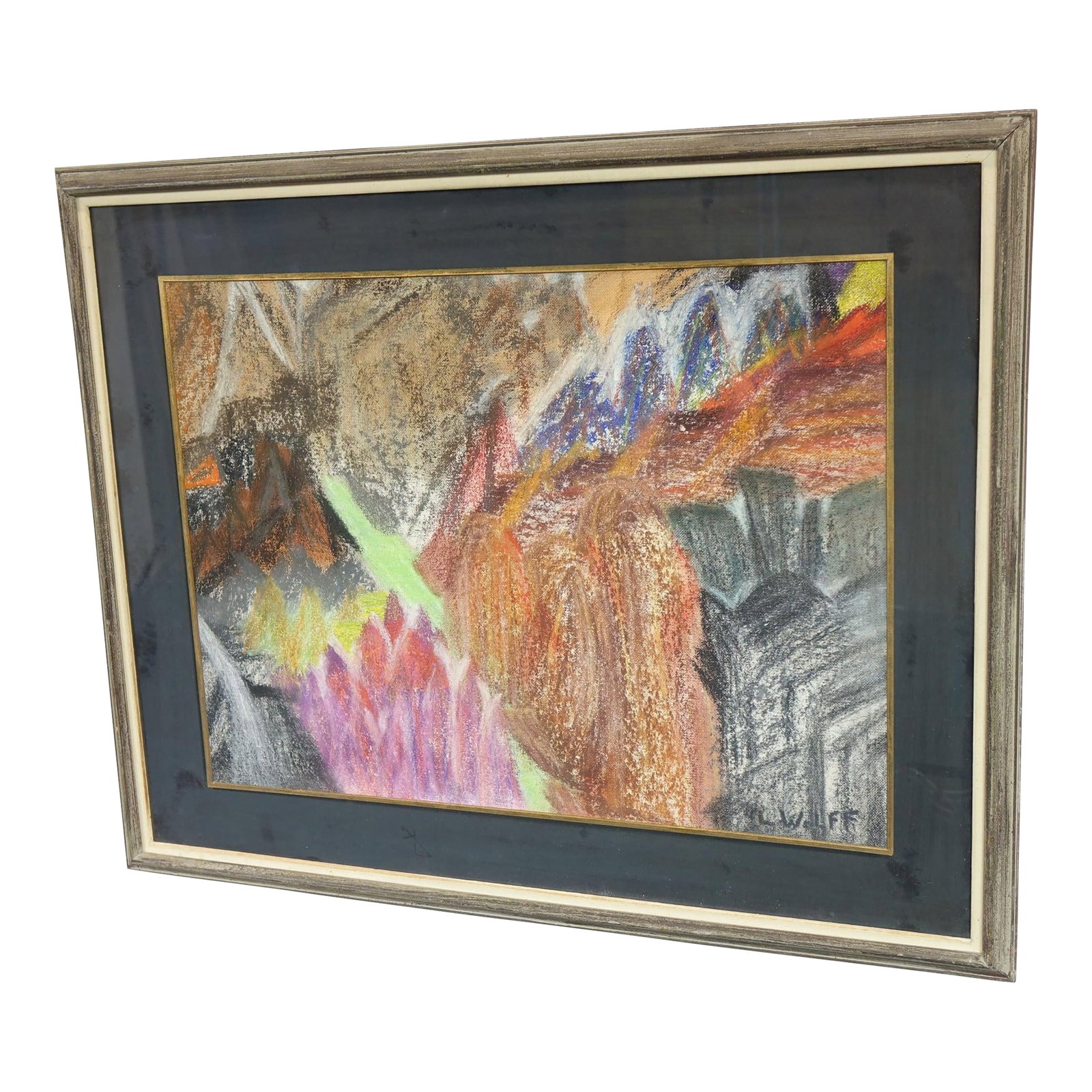 Erosion in Color - Mid 20th Century Abstract Original Pastel on Board Signed, Framed: This dynamic original abstract pastel on board bursts with expressive energy and layered texture. Richly composed, the piece features bold, gestural marks and a vibrant palette "” including