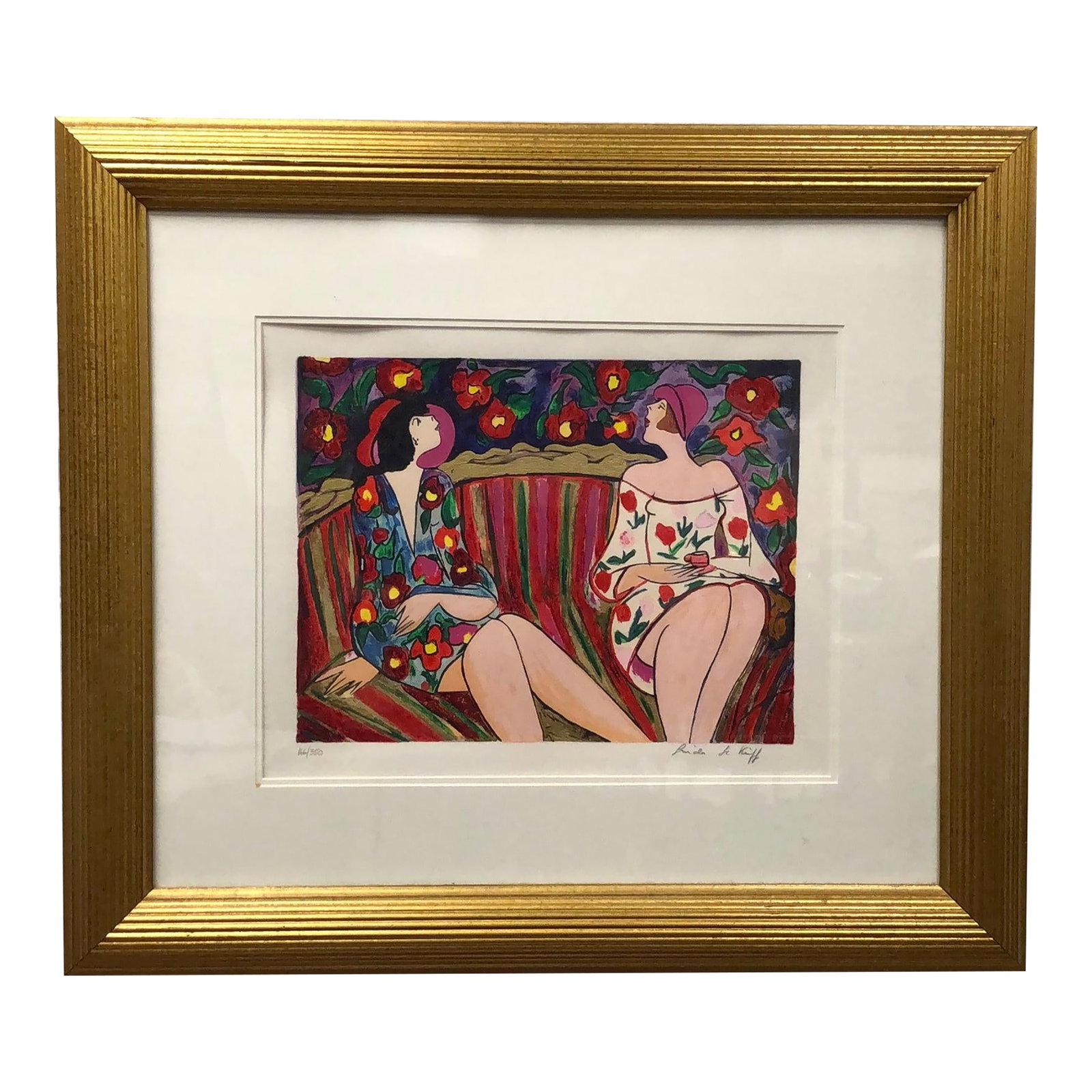 Late 20th Century Limited Edition Print by Israeli Artist Patricia Govezensky: This artwork is a limited edition print by Israeli artist Patricia Govezensky, known for her colorful figurative works depicting elegant women in intimate settings. The print is numbered as part of a