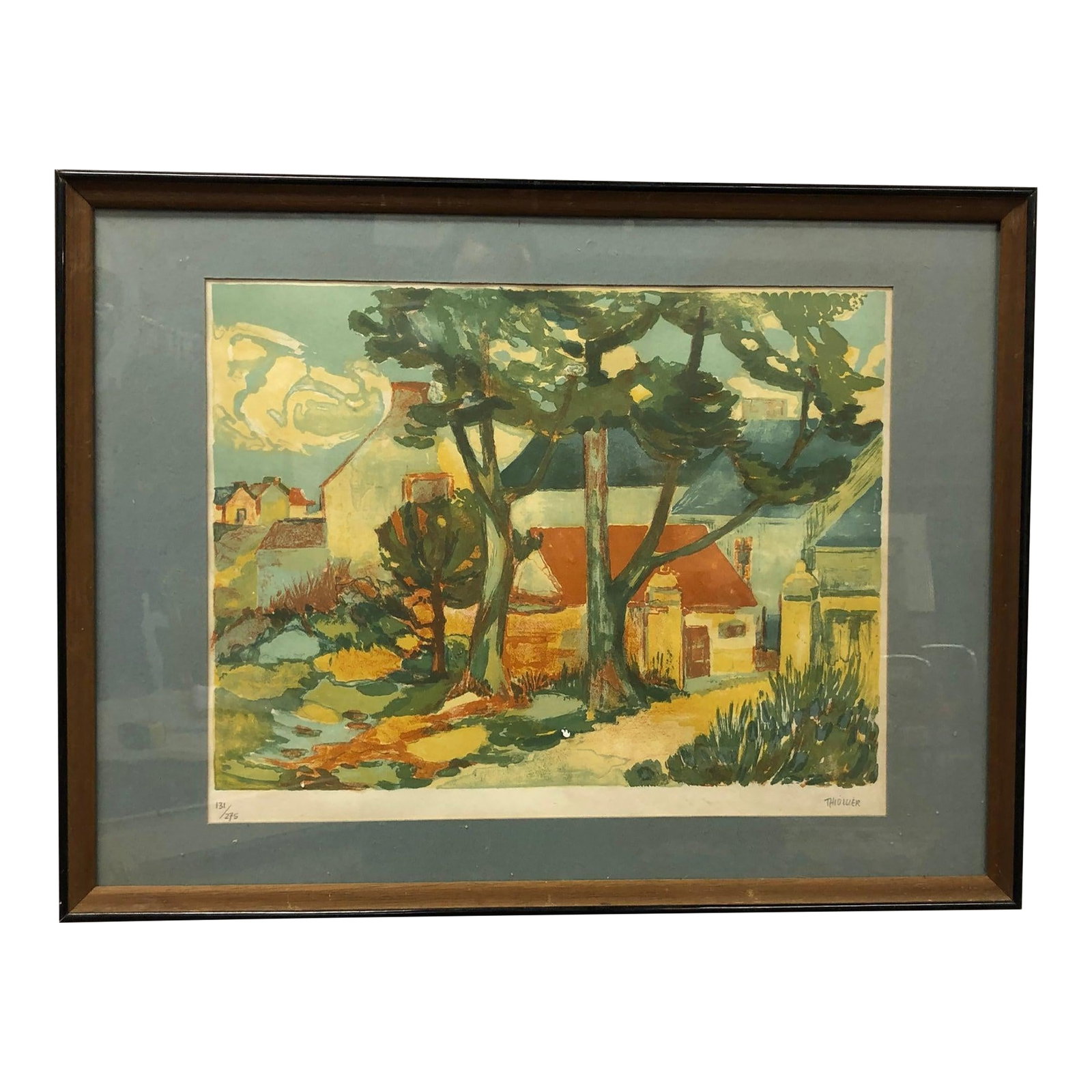 Vintage Signed Limited Edition Village Landscape Lithograph, Framed: Vintage Signed Limited Edition Village Landscape Lithograph, Framed Striking vintage limited-edition color lithograph depicting a charming village scene with houses nestled among tall trees. Rendered