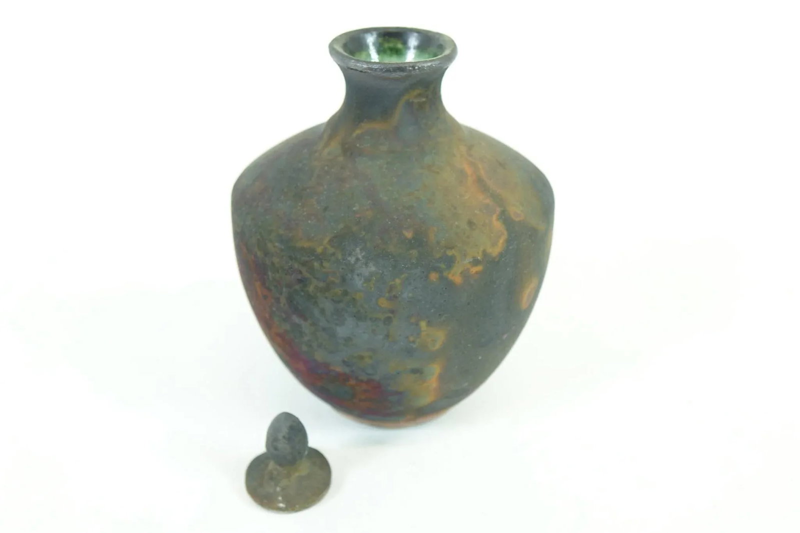 1990s Iridescent Green Raku Perfume Bottle Signed - 3