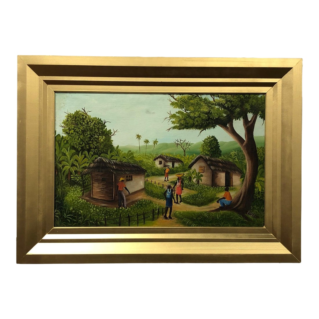 Village Rhythm - Original Paint on Board Signed on the Bottom: This vibrant original painting on board captures the heart of rural life through the lens of folk art, with clear influences of naÃ¯ve or primitive painting styles. The scene is a lush,