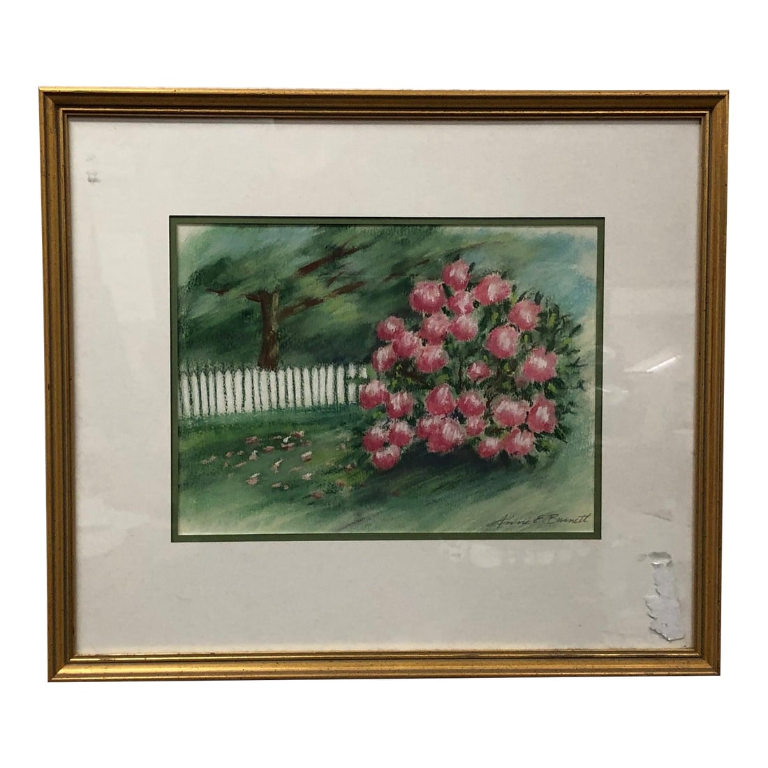 Spring's Embrace - Original Watercolor Painting Signed on the Bottom: This charming original watercolor painting captures a quiet, sunlit corner of a blooming garden, where a lush pink flowering bush stands vibrantly in the foreground. Executed in a style that blends