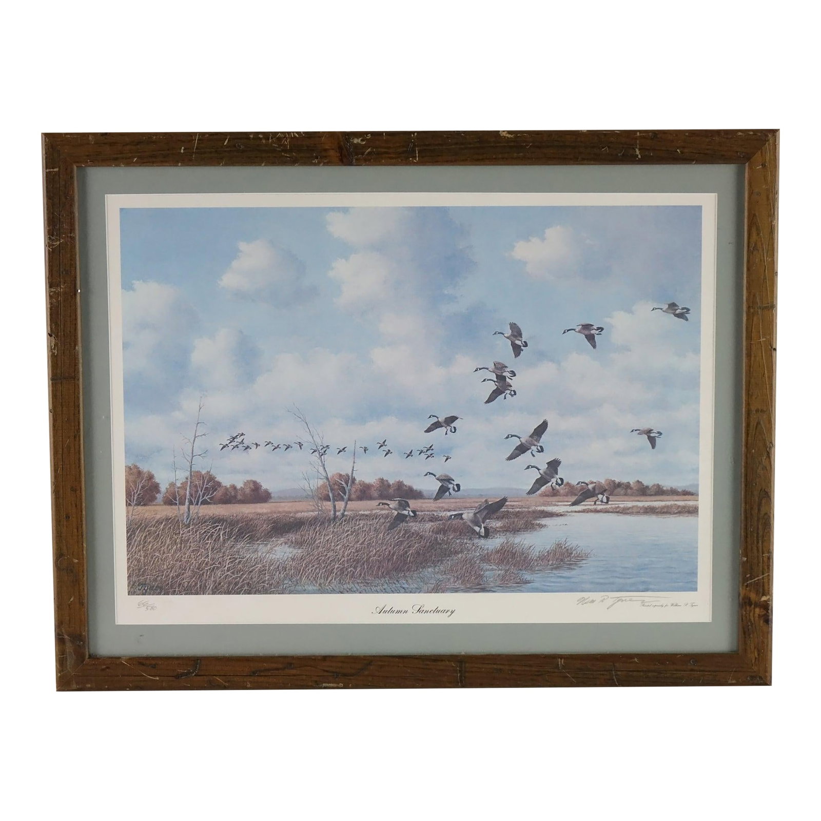 Autumn Sanctuary by William P. Tyner - Lithograph Signed: Autumn Sanctuary by William P. Tyner is a peaceful and finely detailed realist-style signed lithograph that captures a crisp seasonal moment in the natural world. Set against a sky of soft, drifting c