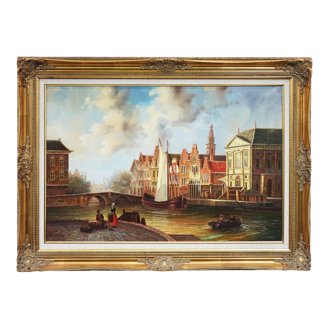 Late 20th Century European School City by the River – Signed Original Oil on Canvas, Framed: This captivating oil on canvas showcases a vibrant cityscape by the river, where people in a boat gently float along the water that divides the city. A bridge arches gracefully over the river,
