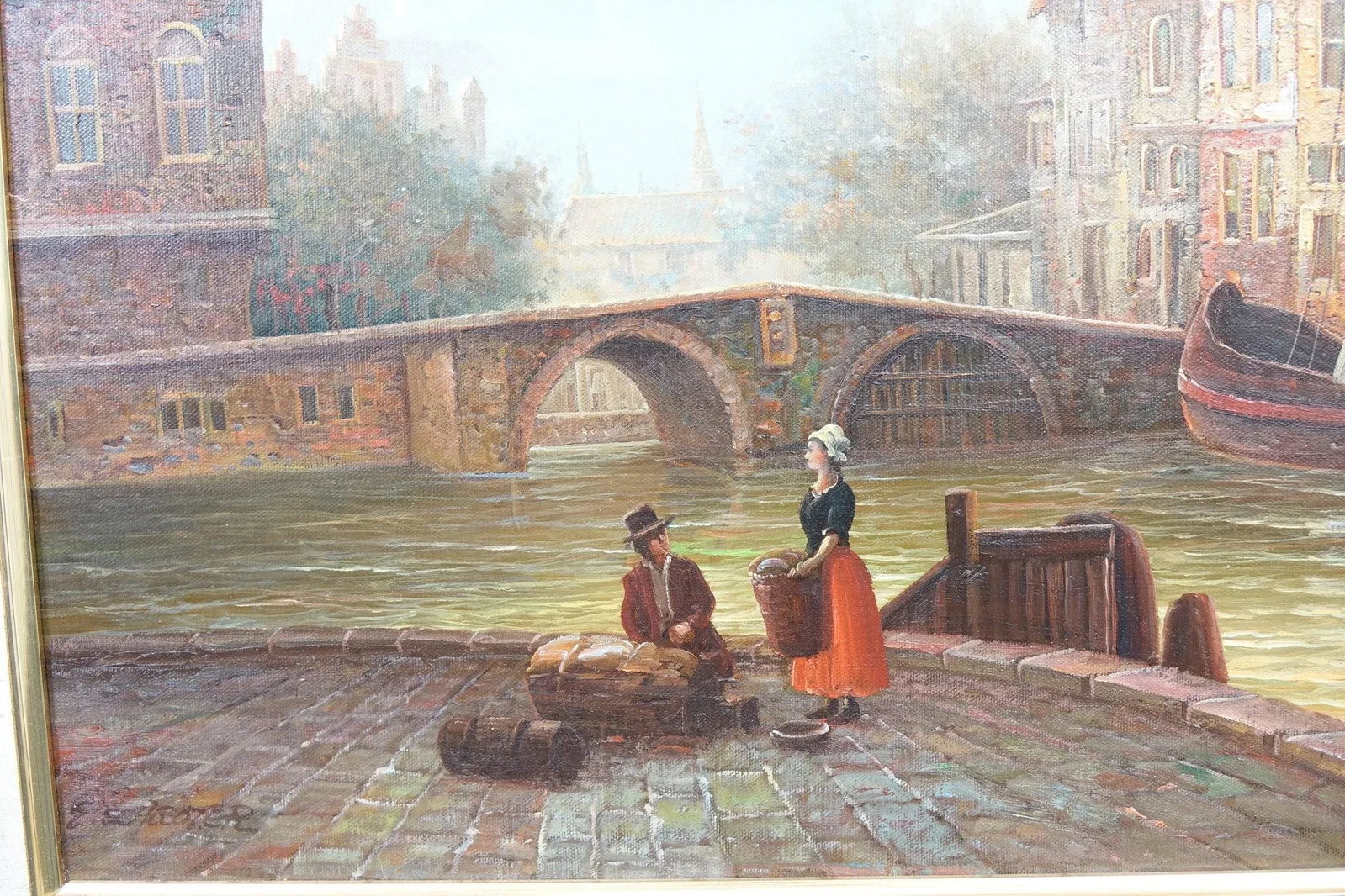 Late 20th Century European School City by the River – Signed Original Oil on Canvas, Framed - 3