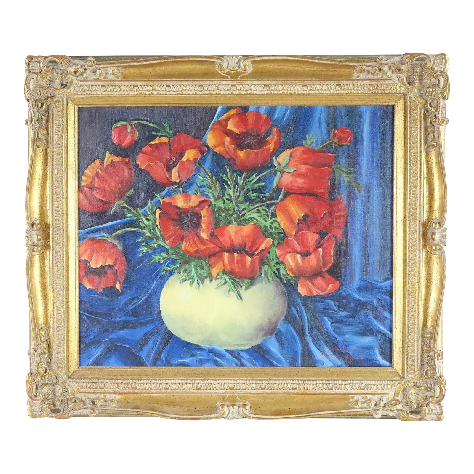 Floral Still Life Original Oil on Canvas Signed 1934: Floral Still Life - Original Oil on Canvas, Signed - 31" x 27" This exquisite original oil painting on canvas captures the timeless beauty of a floral still life, featuring a striking arrangement of v