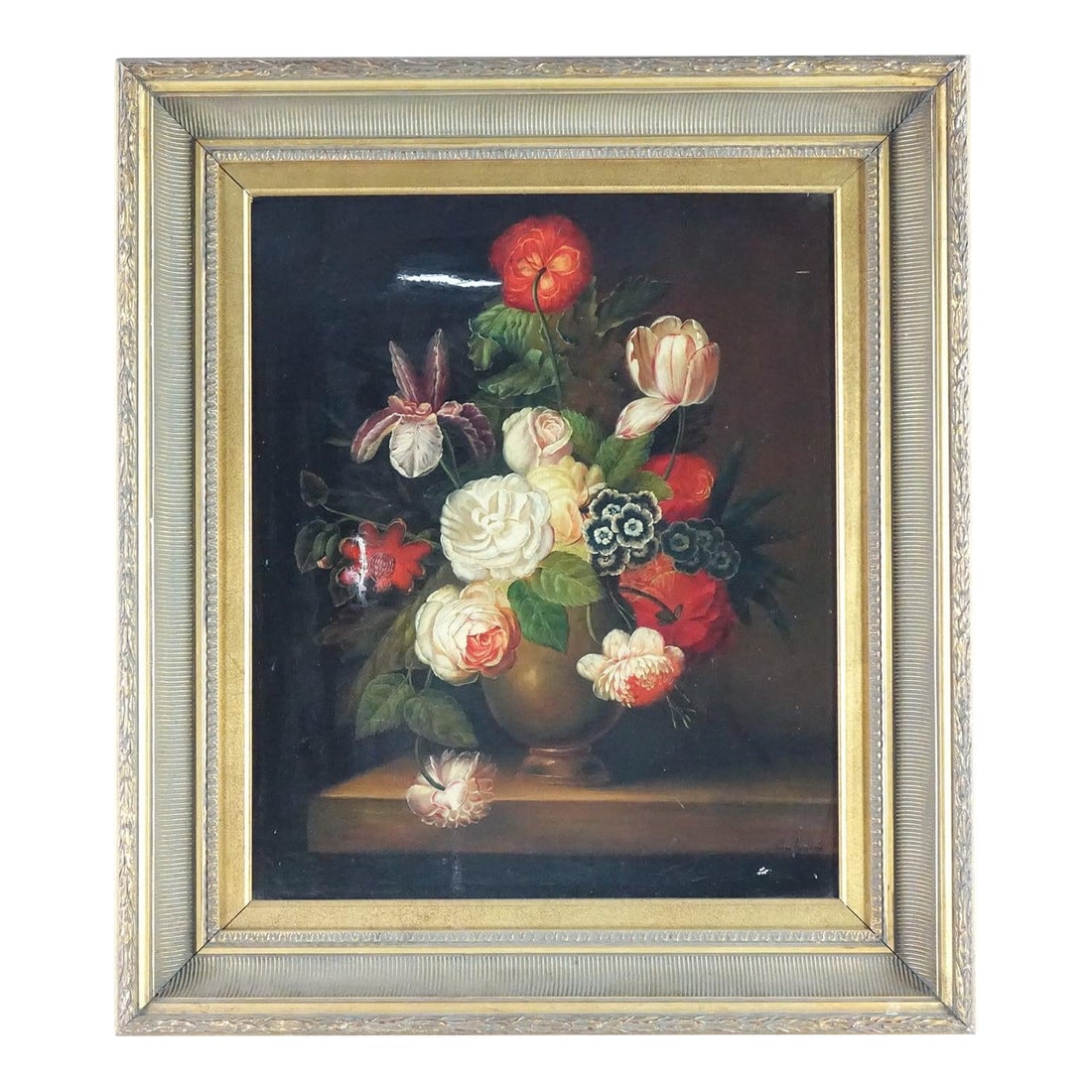 Early 20th Century Floral Still Life Antique Original Oil on Canvas Signed, Framed: Floral Still Life, Antique, Original Oil on Canvas, Signed – 27" x 31" This antique floral still life captures a timeless elegance, rendered in oil on canvas with rich tones and confident brushw