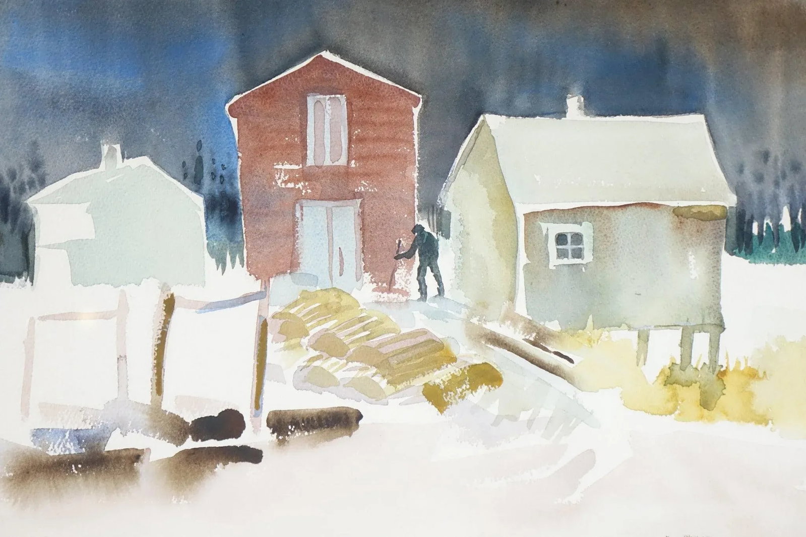 Late 20th Century Snowbound Lobster Man Original Watercolor on Paper Signed - 4