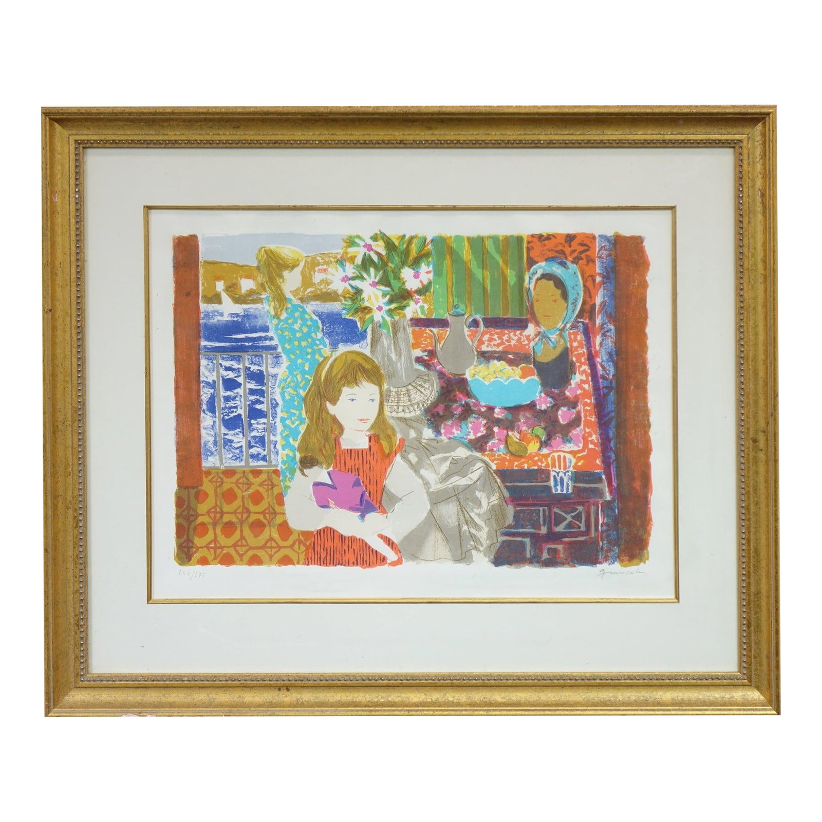 Sunlight Through Patterned Curtains - Mid 20th Century Lithograph Signed at the Bottom, Framed: This charming and vibrant limited-edition lithograph by Emili Grau Sala captures a beautifully composed domestic scene brimming with color, life, and emotional warmth. Rooted in the Modern Impressioni