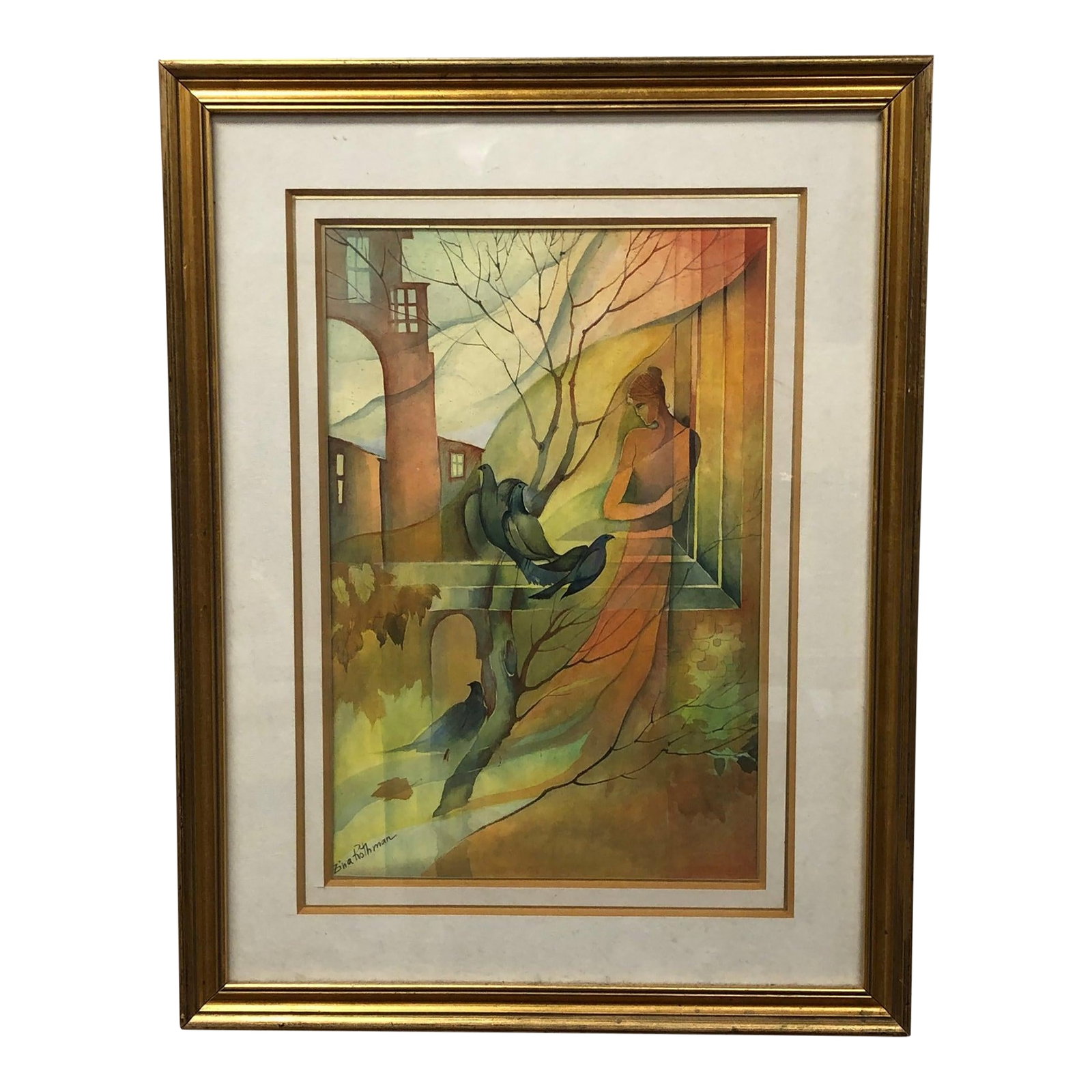 Listening to the Light - Late 20th Century Woman and the Birds Original Watercolor Signed, Framed: This ethereal watercolor painting by Zina Rothman offers a dreamlike fusion of architecture, nature, and quiet human presence. A solitary female figure in a flowing orange dress stands gracefully near