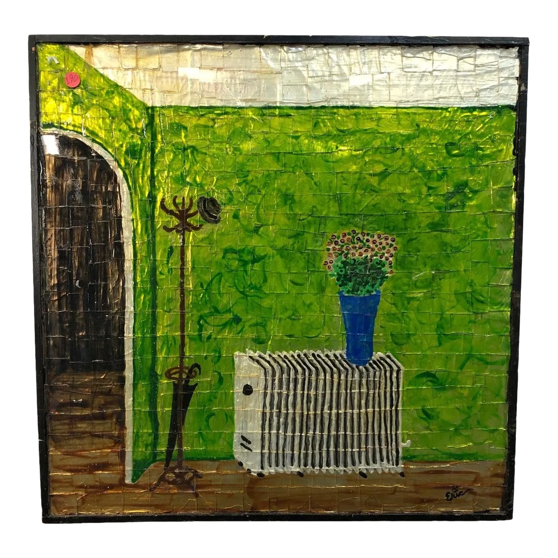Late 20th Century Multimedia Glass Collage Signed on the Bottom: Multimedia/Glass, Signed on the Bottom - 25" x 25" This striking 25-inch by 25-inch multimedia artwork combines glass elements with vibrant hand-painted details, creating a unique and textured visual