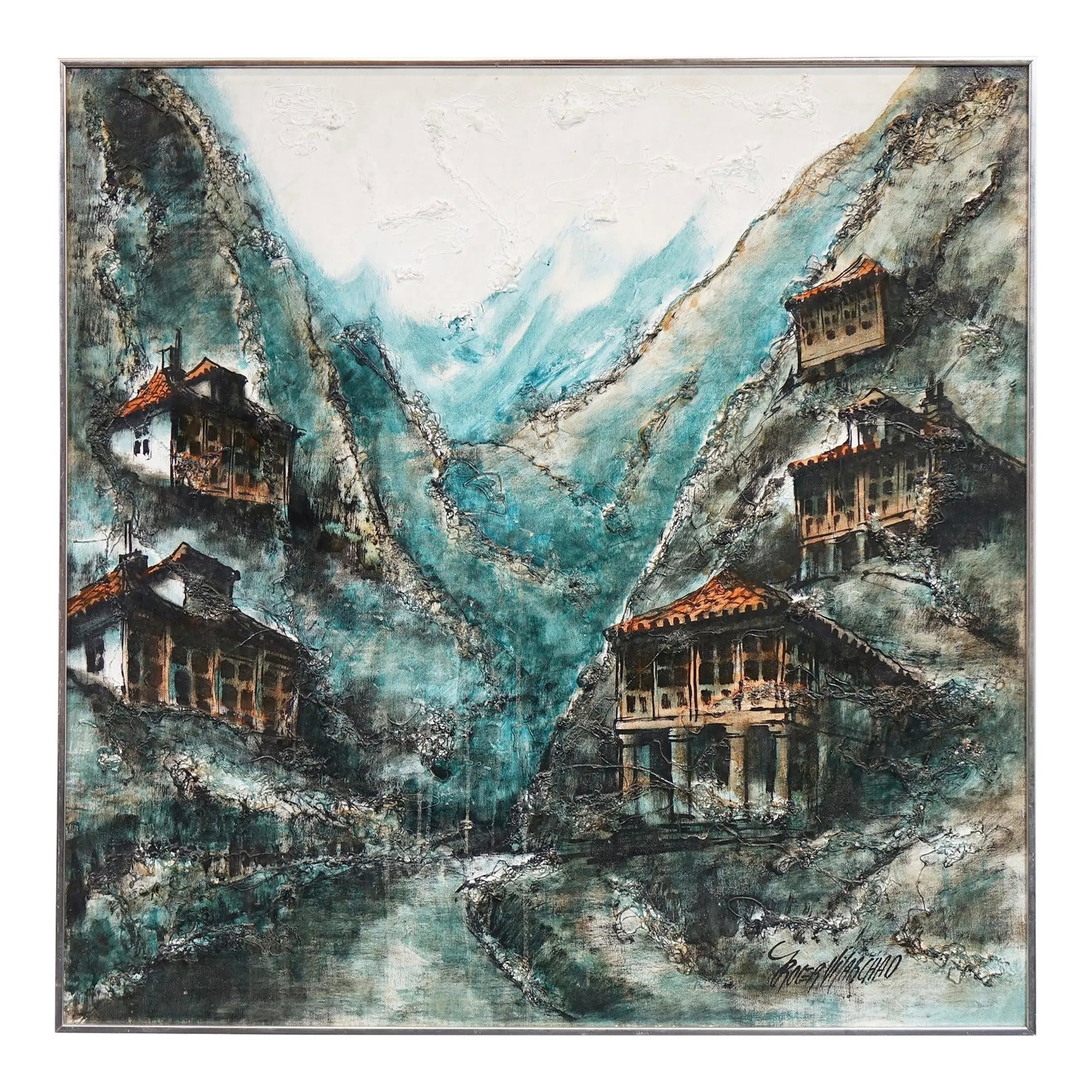 Late 20th Century Village in the Mountain Pass Oil on Canvas Mixed Media Signed Original: Village in the Mountain Pass - Oil on Canvas/Mixed Media, Signed Original - 36.25Êº × 36.25Êº This captivating original artwork, Village in the Mountain Pass, is a stunning