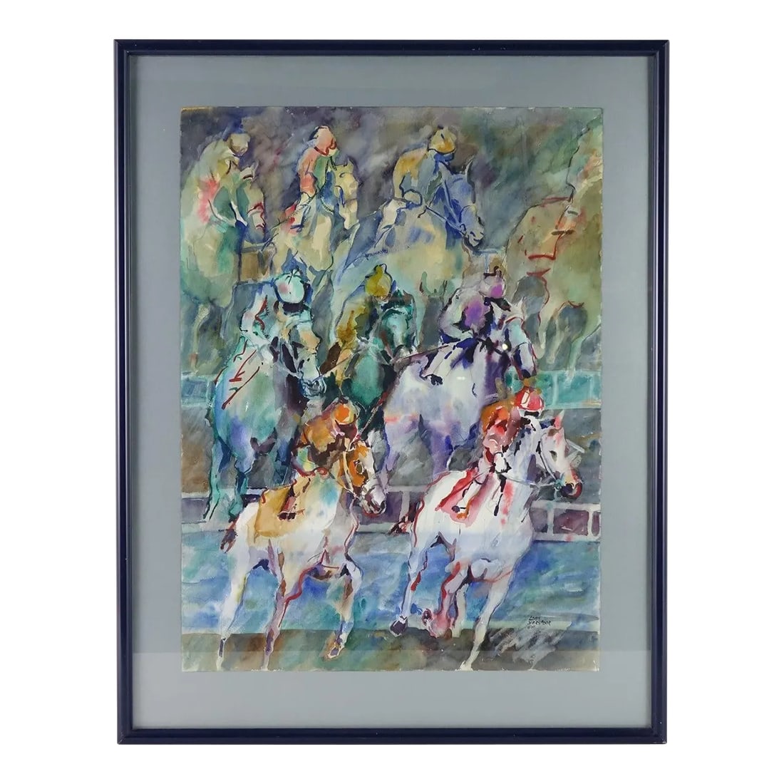 Late 20th Century Horse Jockeys Original Watercolor on Paper Signed by Artist Loes Verspoor: Horse Jockeys, Original Watercolor on Paper, Signed by Artist Loes Verspoor - 29" x 37" This dynamic original watercolor painting by renowned artist Loes Verspoor captures the thrilling energy of