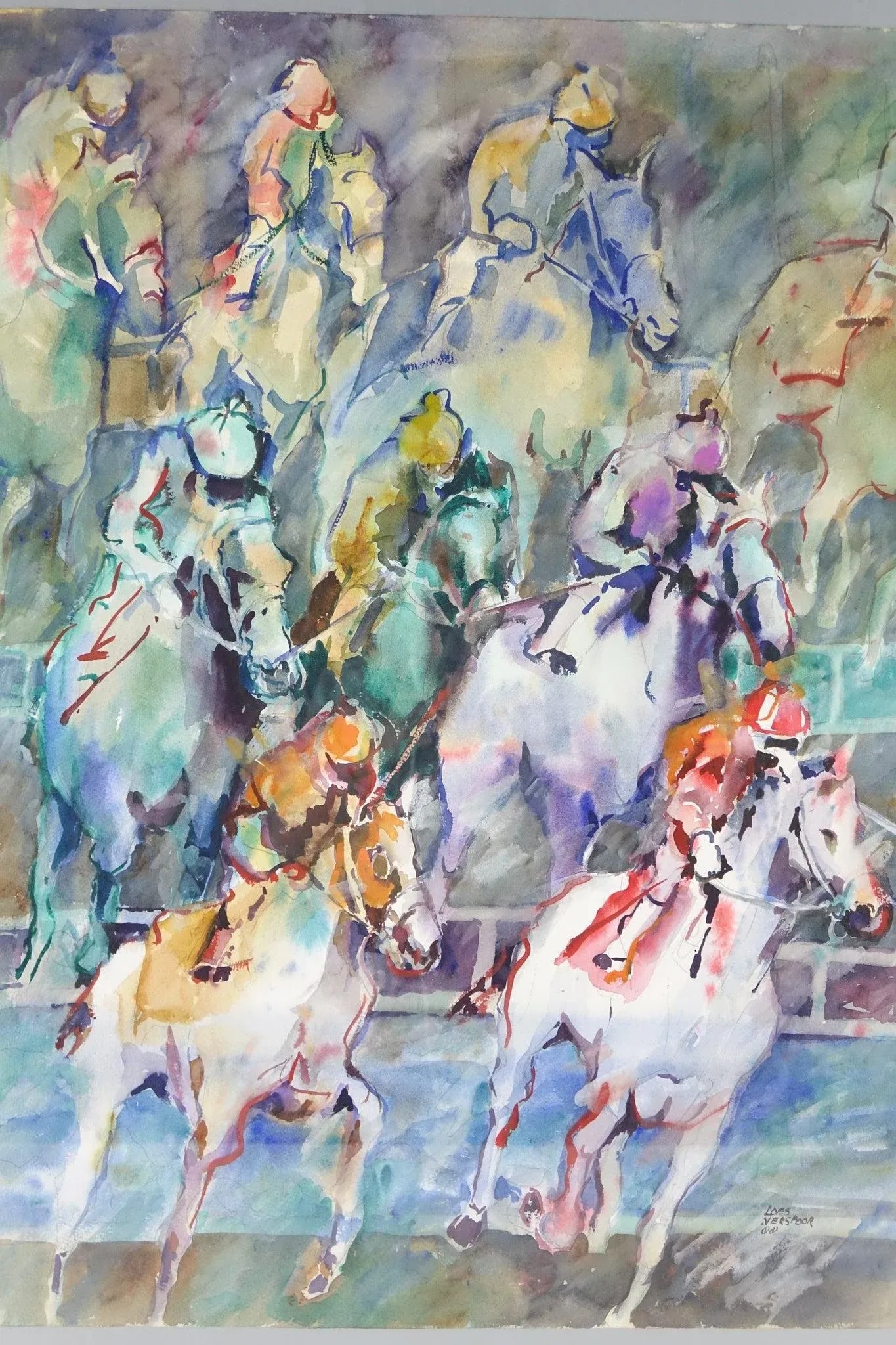 Late 20th Century Horse Jockeys Original Watercolor on Paper Signed by Artist Loes Verspoor - 4