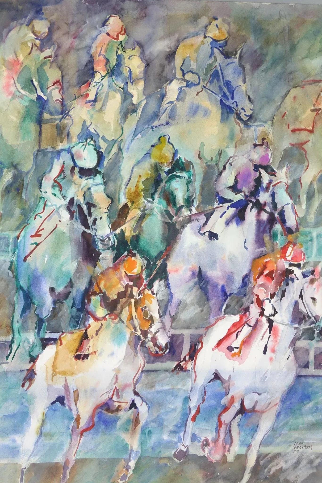 Late 20th Century Horse Jockeys Original Watercolor on Paper Signed by Artist Loes Verspoor - 5
