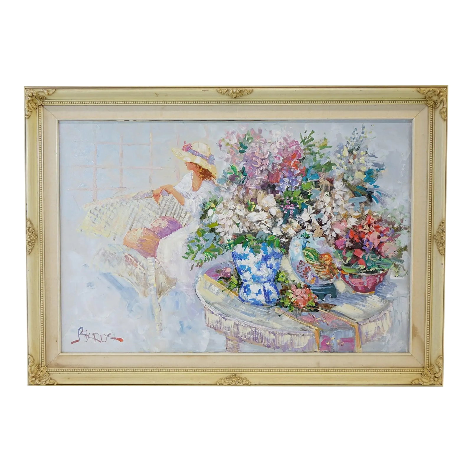 In the Company of Flowers - Mid 20th Century Oil on Canvas Signed Original, Framed: This original oil painting on canvas captures a radiant, sunlit moment filled with color, calm, and charm. A lush arrangement of blooming flowers overflows from ornate vases on a round table, their