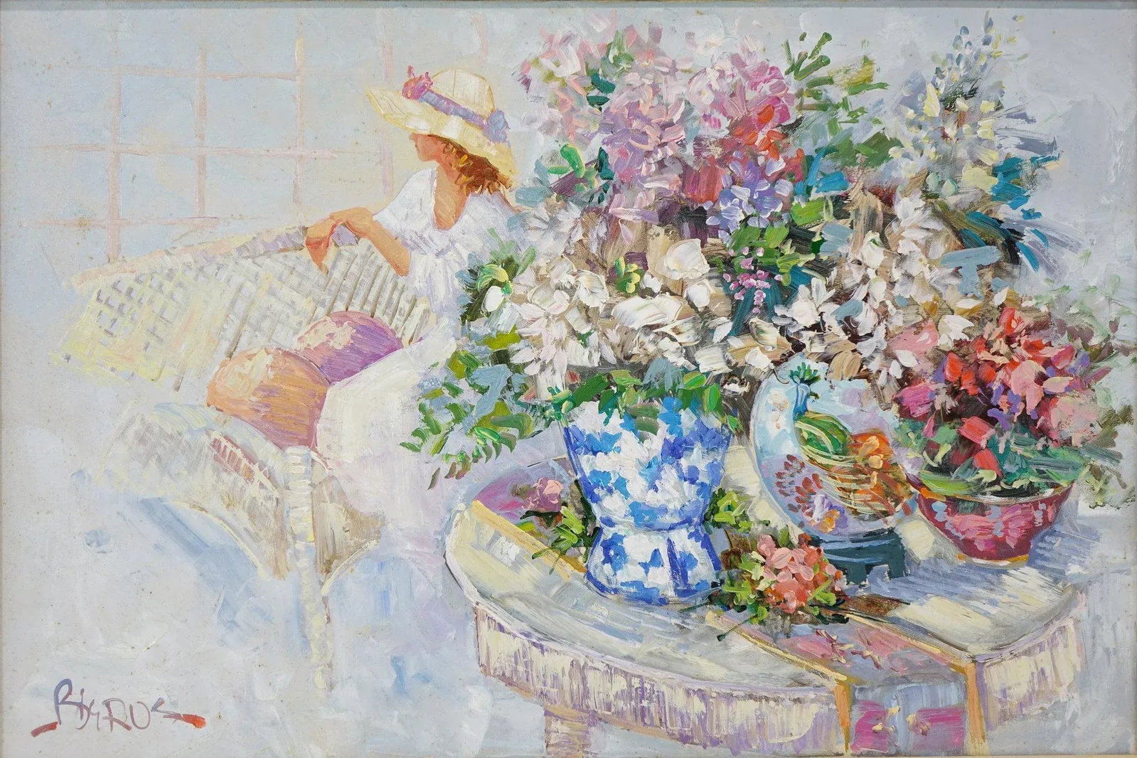 In the Company of Flowers - Mid 20th Century Oil on Canvas Signed Original, Framed - 4