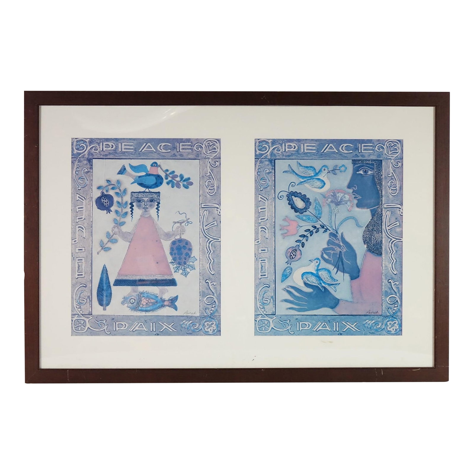 Whispers of Peace - Mid 20th Century Double Piece Very Large Print of Original Mixed Media Paintin: This enchanting double-panel artwork radiates a serene, folkloric charm rooted in the traditions of folk art with touches of naÃ¯ve surrealism. Rendered in a limited palette of soothing