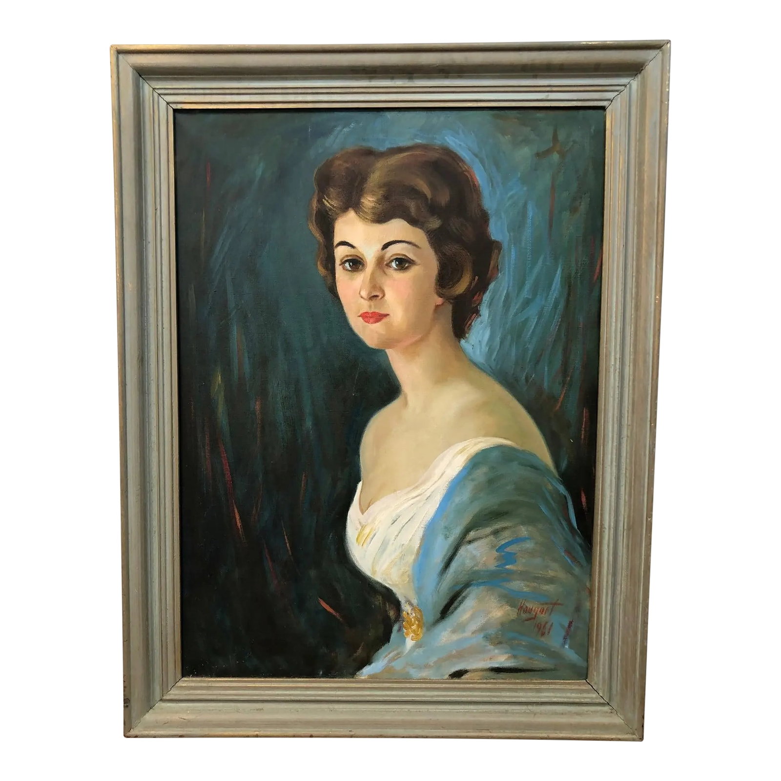 Timeless Gaze - Original Oil on Canvas Signed on the Bottom 1961, Framed: This original 1961 oil on canvas presents a graceful and refined portrait of a young woman, painted in a classical yet romantic style. The sitter gazes outward with quiet confidence, her expression