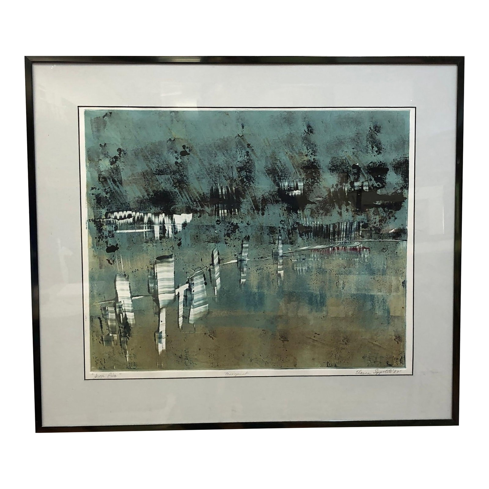 Iron Pier - Lithograph Signed by Elaine Ippolito 1987, Framed: Iron Pier is a visually arresting abstract lithograph that plays with depth, reflection, and atmospheric tone in a way that invites contemplation. Rendered in layered textures and moody hues, the