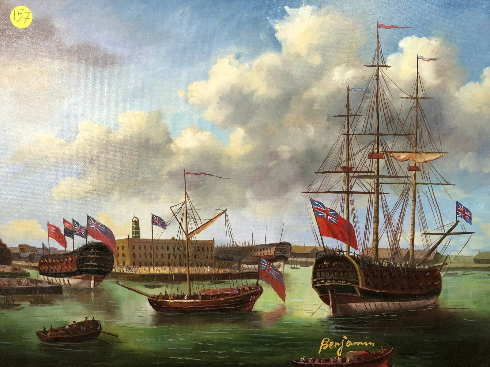 British Fleet of Ships on Water Original Signed Oil on Canvas - 5
