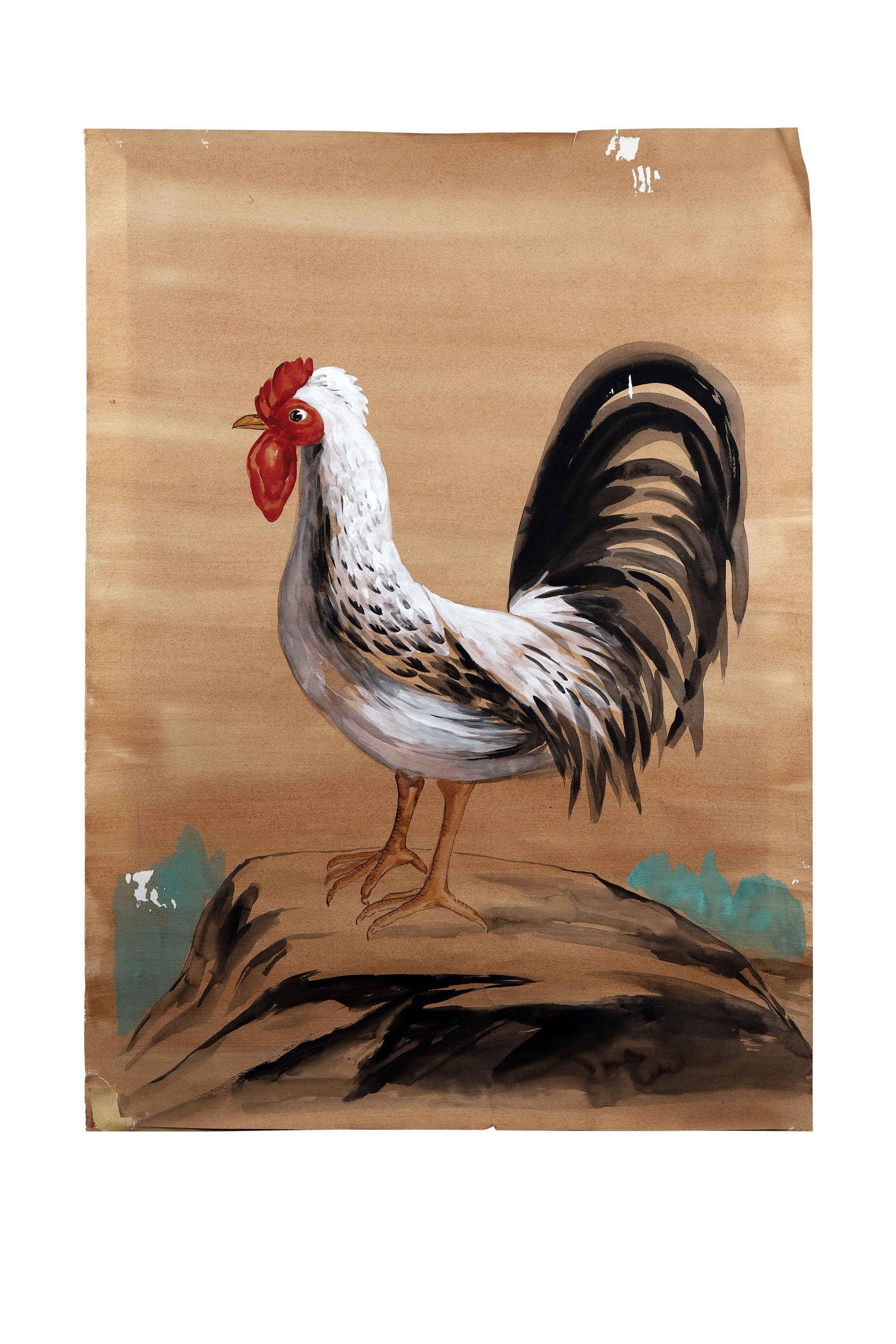 Vintage Painting of Rooster on Rock With Black Tail Feathers: Painting of rooster perched on rock with aqua green bushes painted in the background. Slim bodied with tall black tail feathers. Condition: Imperfections: Some Imperfections Condition Notes: Good